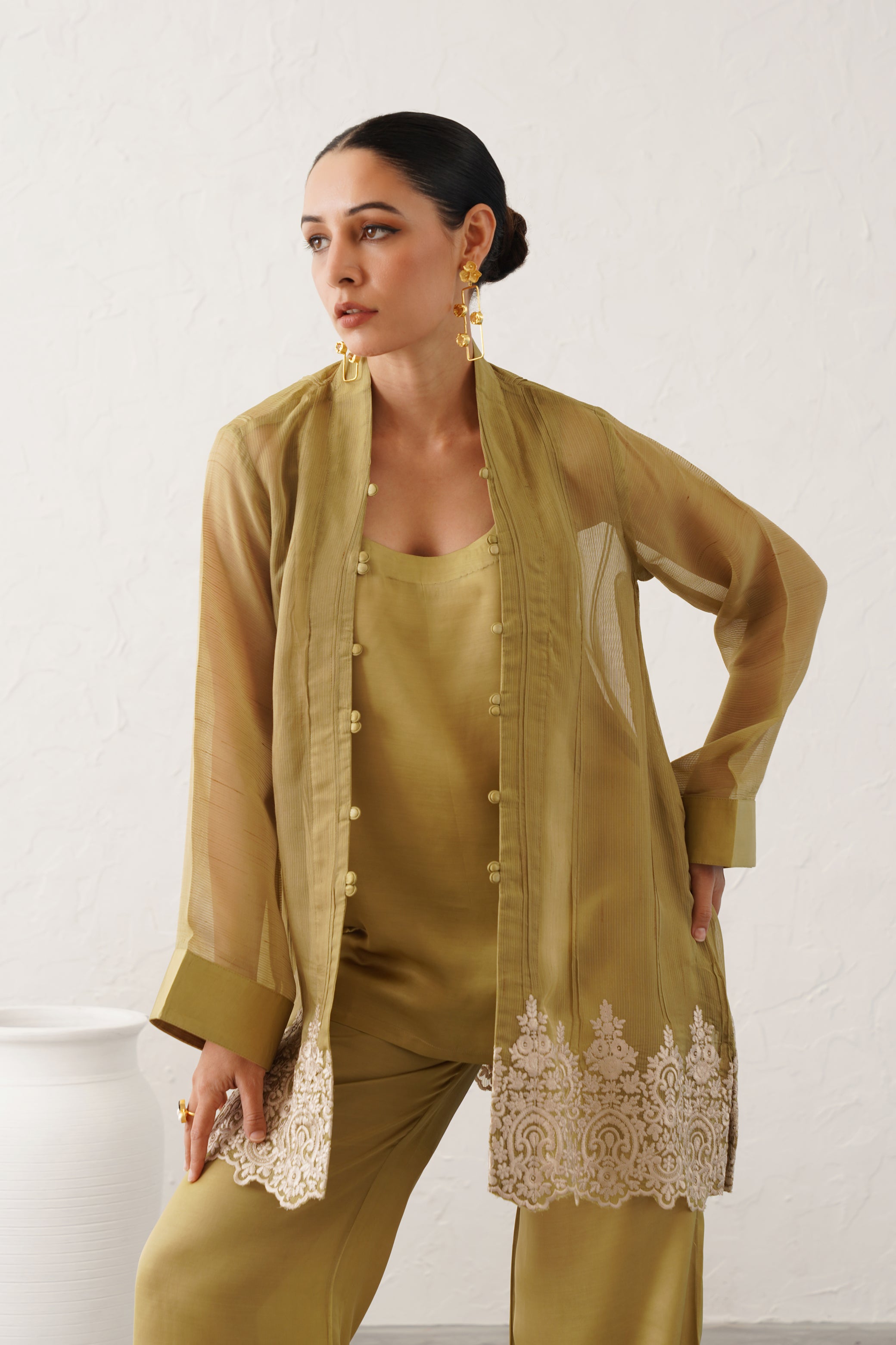 Peridot Georgette Satin Matching Set - Neetika Chopra