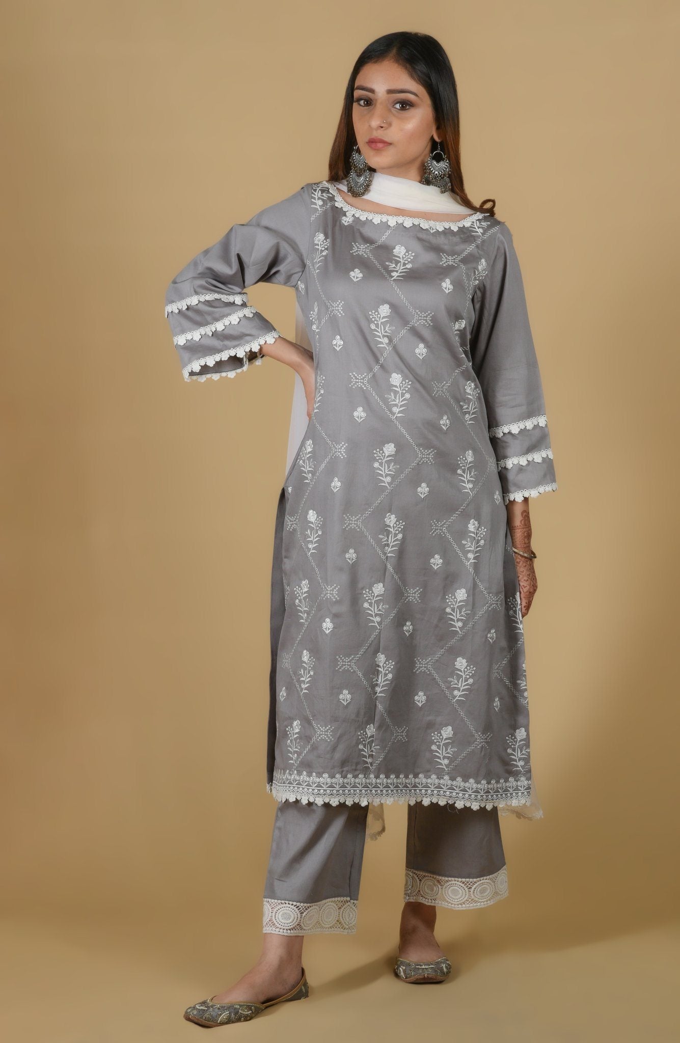Lava Grey Boat Neck Embroidered Suit Set - Neetika Chopra