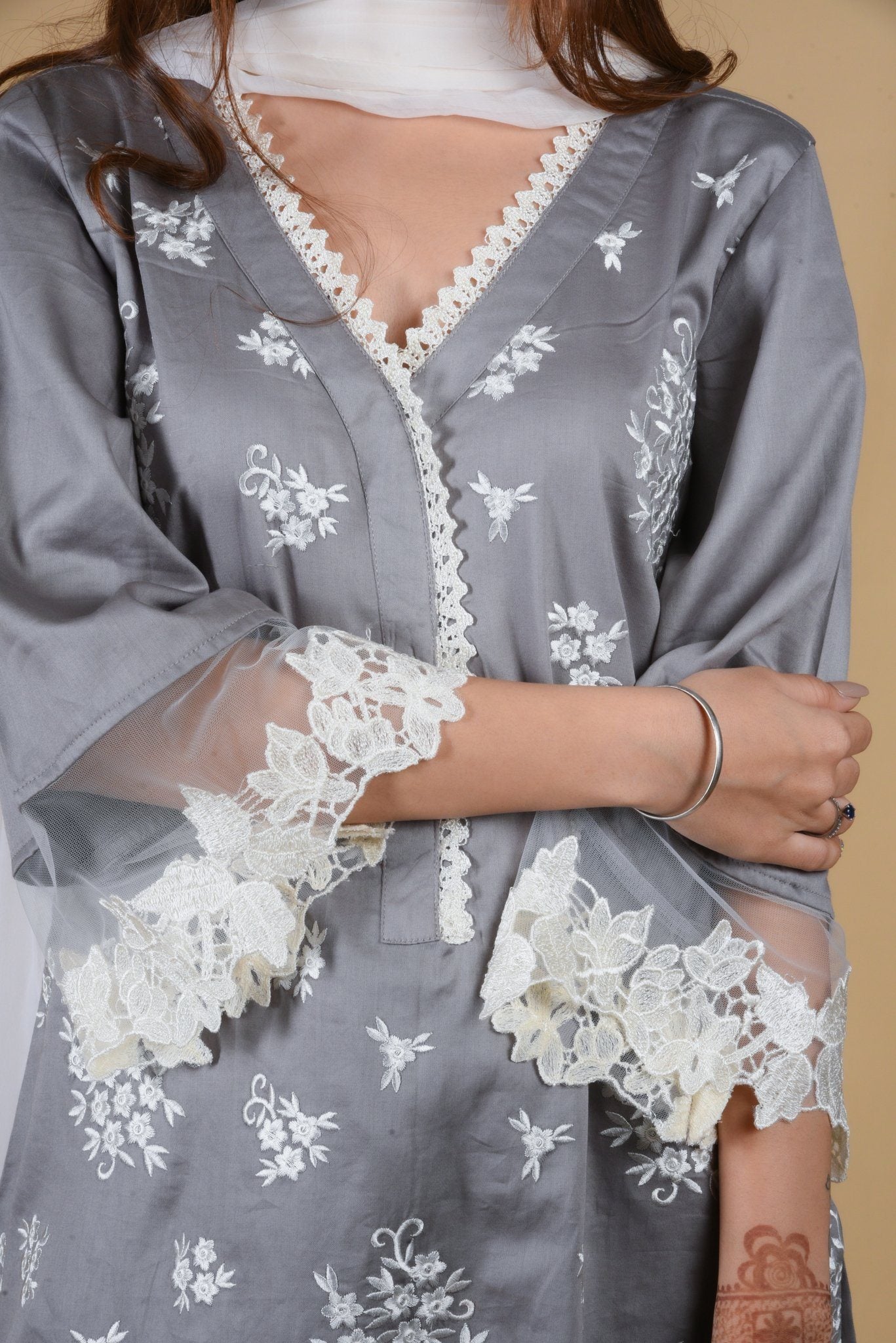 Lava Grey V-Neck Embroidered Suit Set - Neetika Chopra