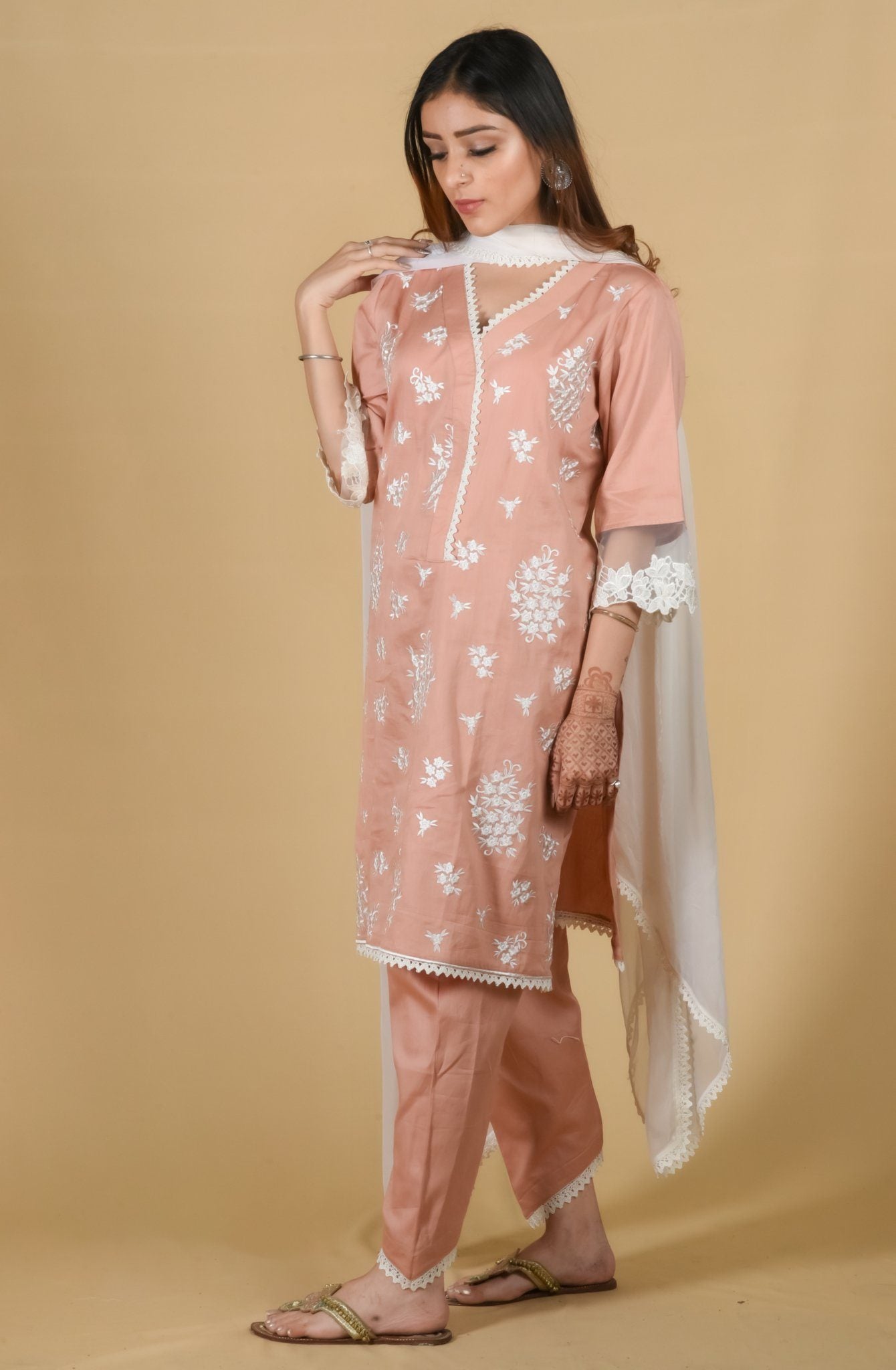 Salmon Pink V-Neck Embroidered Suit Set - Neetika Chopra