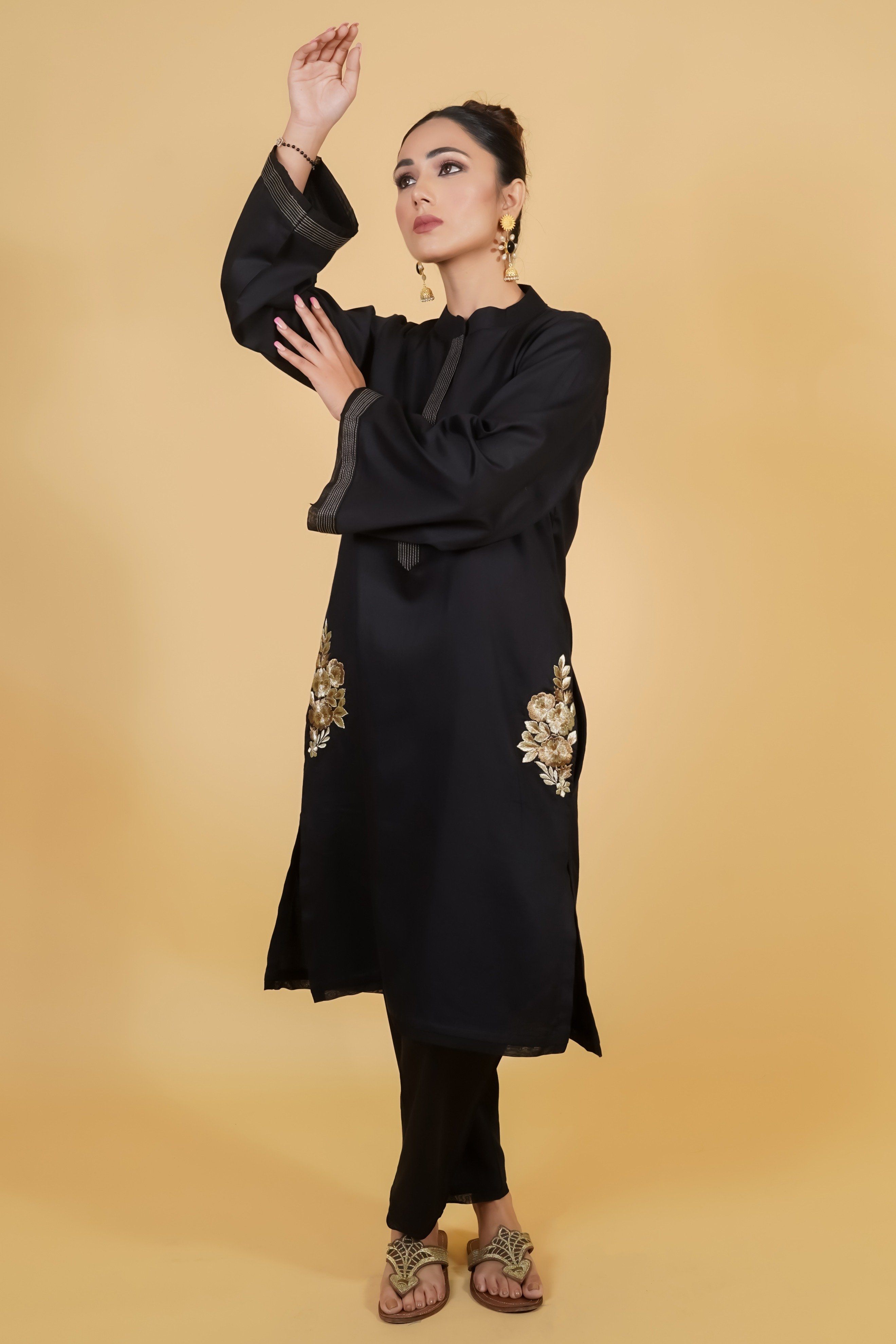 Black Cotton Kurta Set With Golden Embroidery - Neetika Chopra