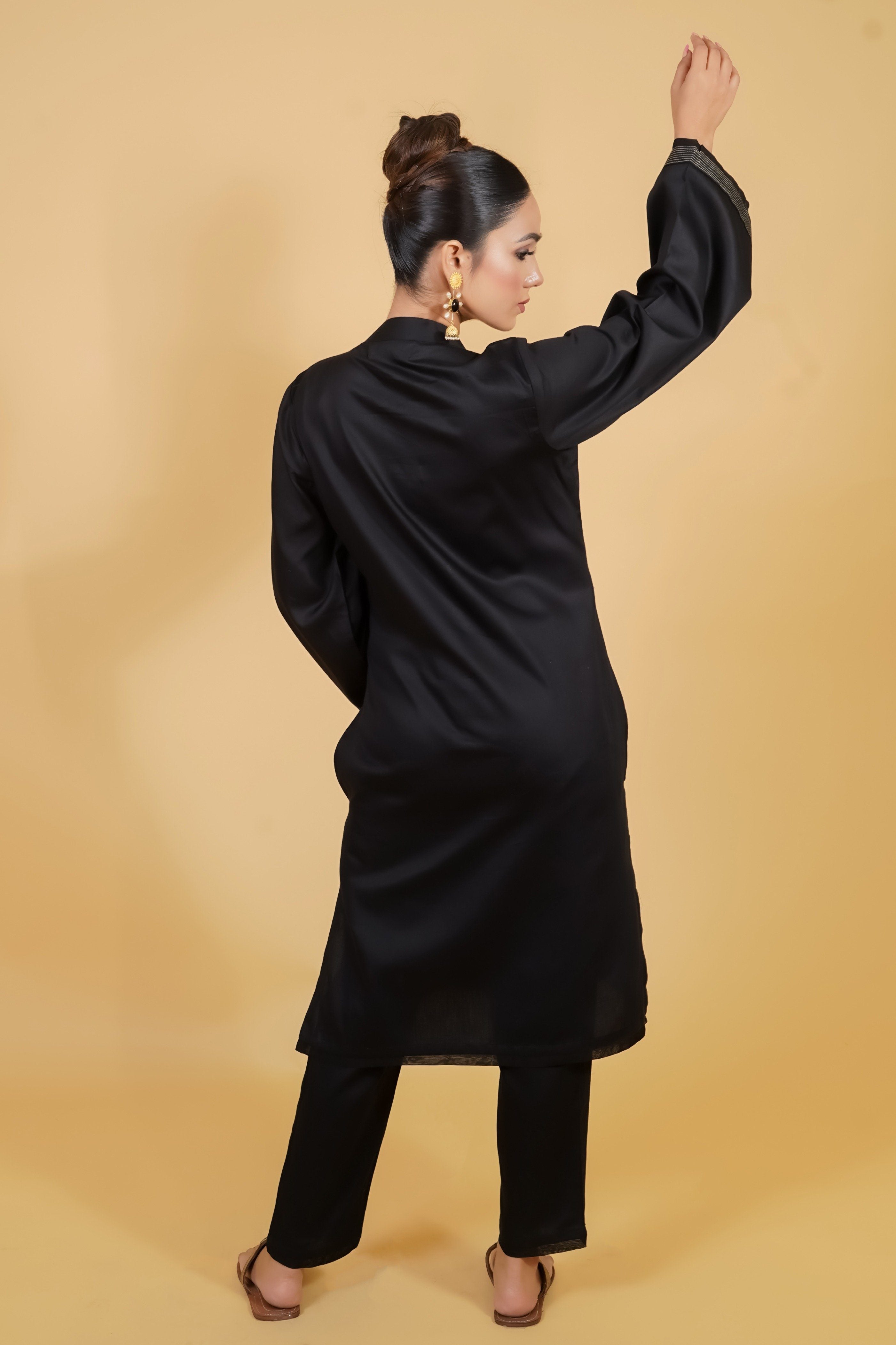 Black Cotton Kurta Set With Golden Embroidery - Neetika Chopra