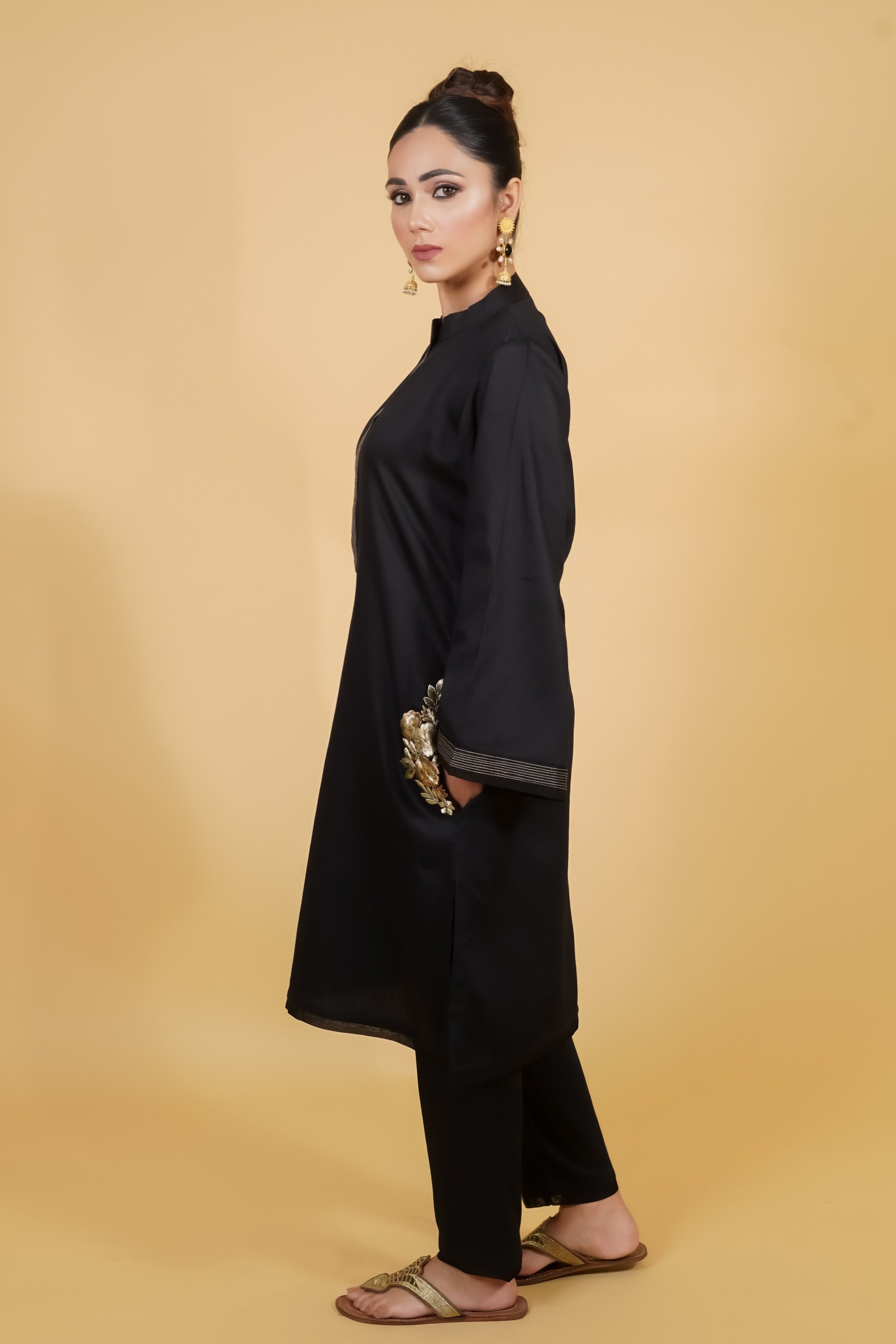 Black Cotton Kurta Set With Golden Embroidery - Neetika Chopra