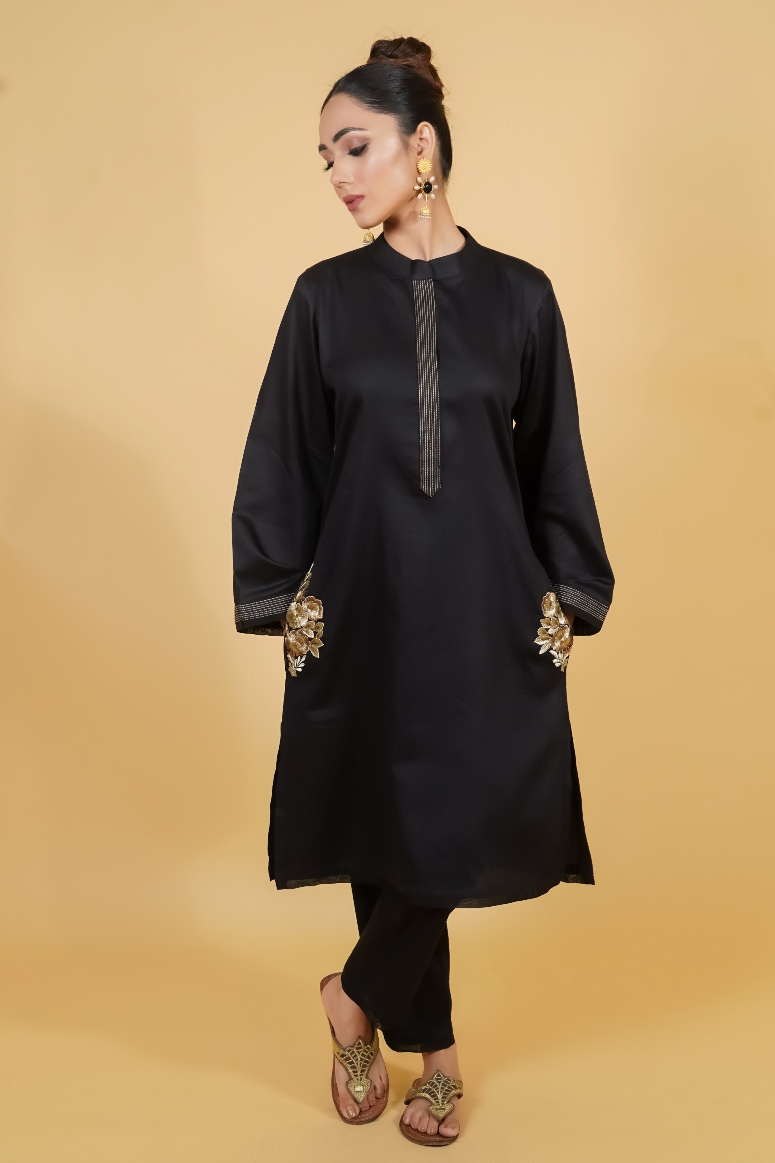 Black Cotton Kurta Set With Golden Embroidery - Neetika Chopra