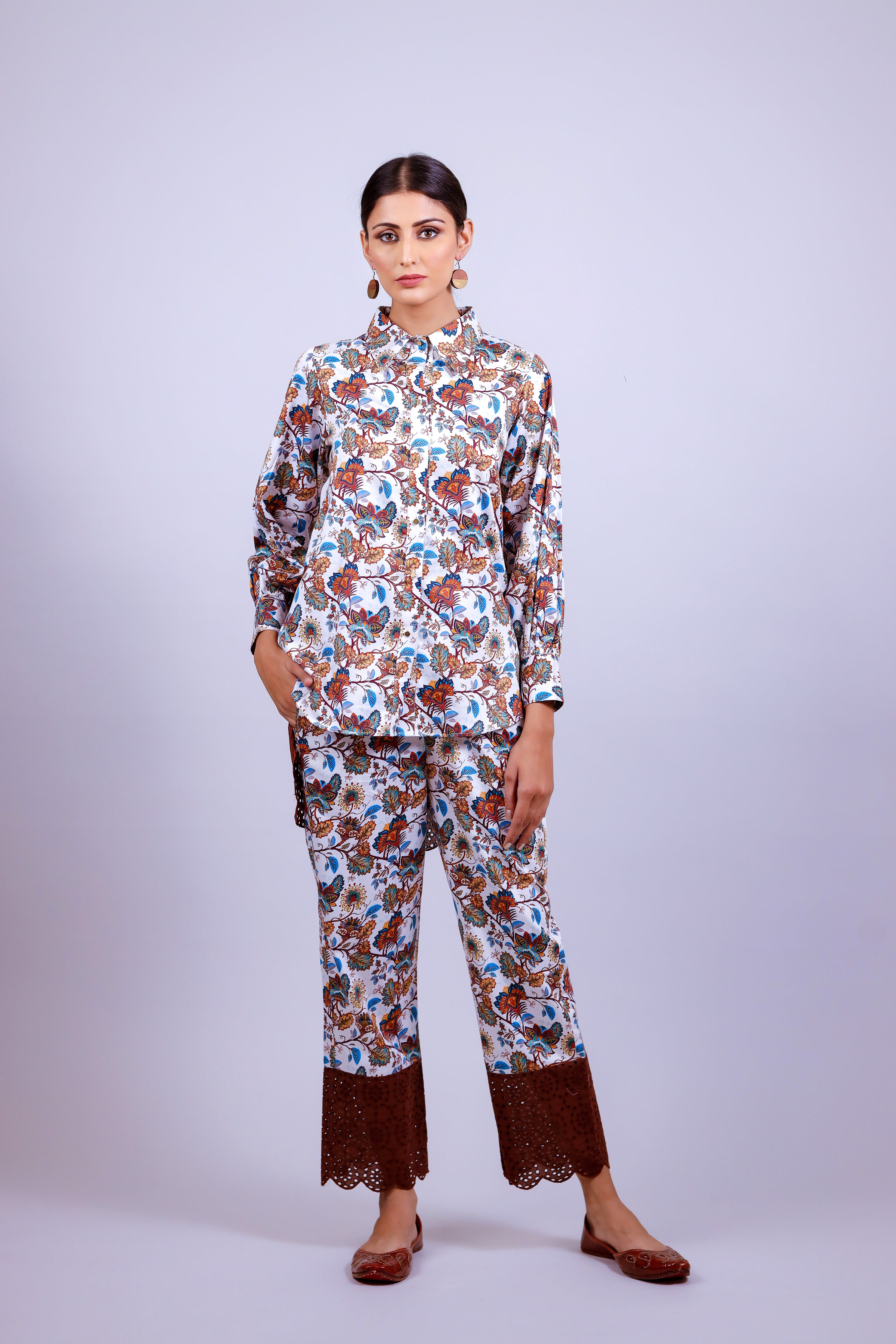 Brown Hakoba Hive Floral Co-ord Set - Neetika Chopra