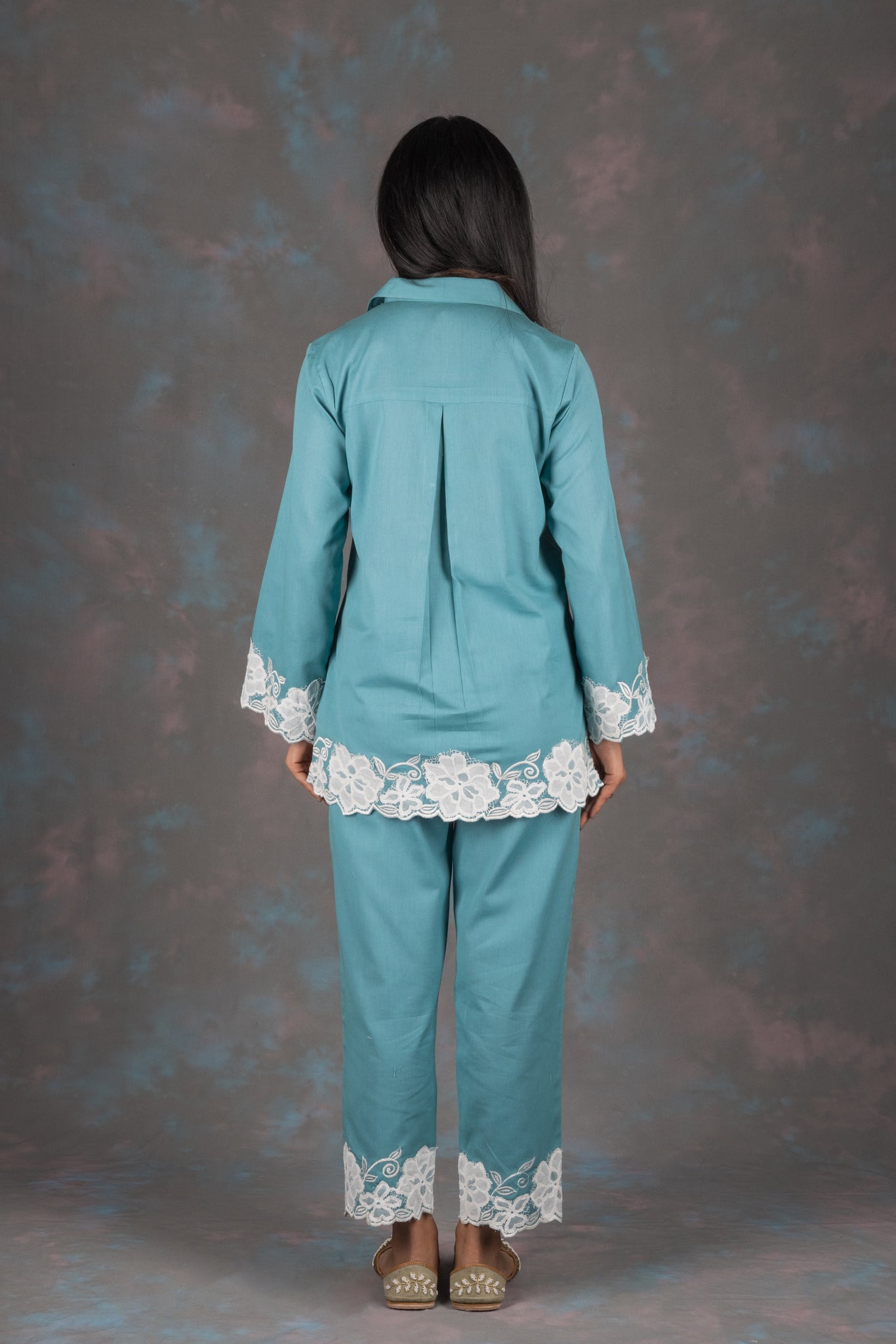 Carolina Blue Embroidered Cotton Co-ord Set - Neetika Chopra