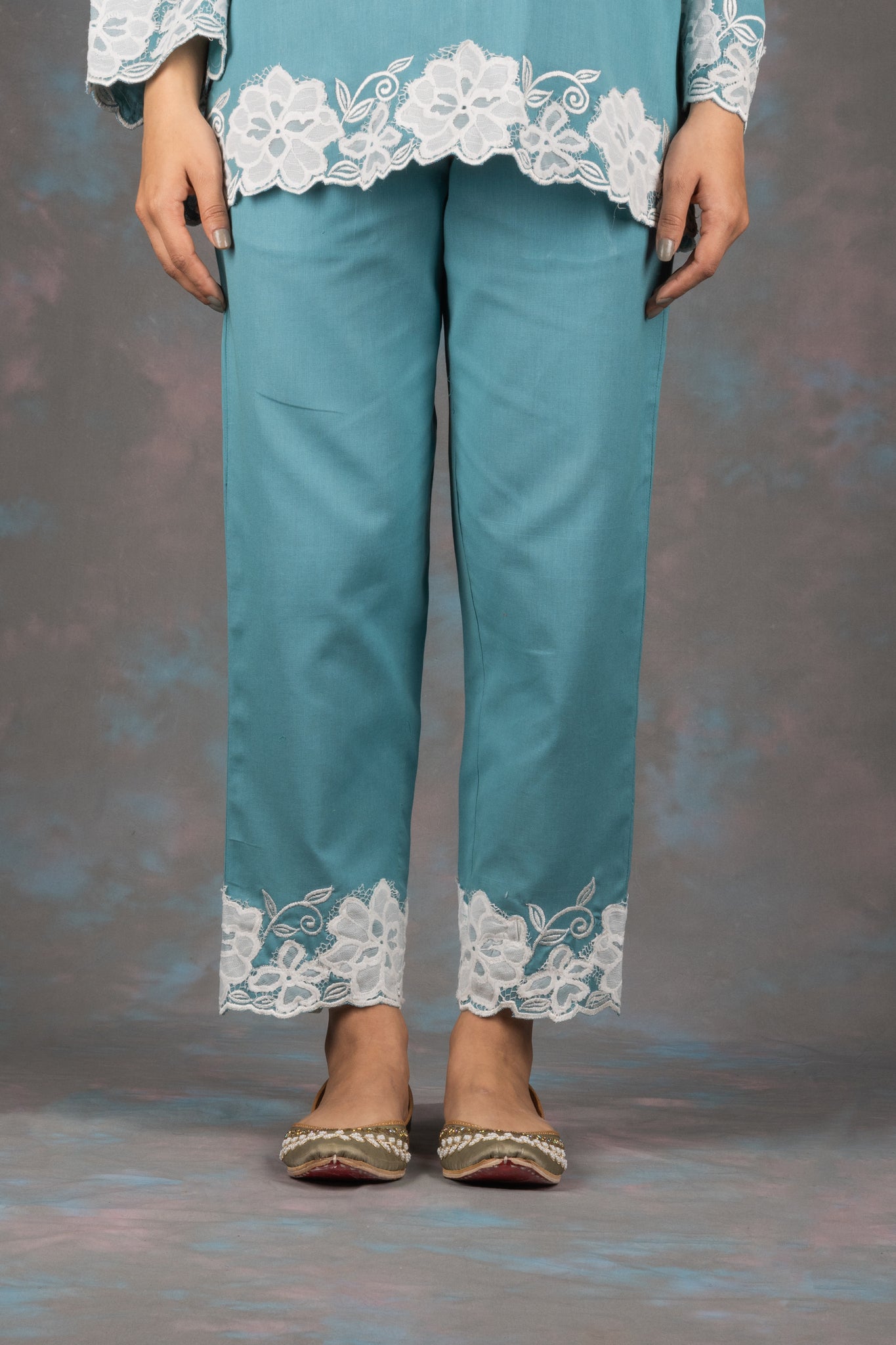 Carolina Blue Embroidered Cotton Co-ord Set - Neetika Chopra