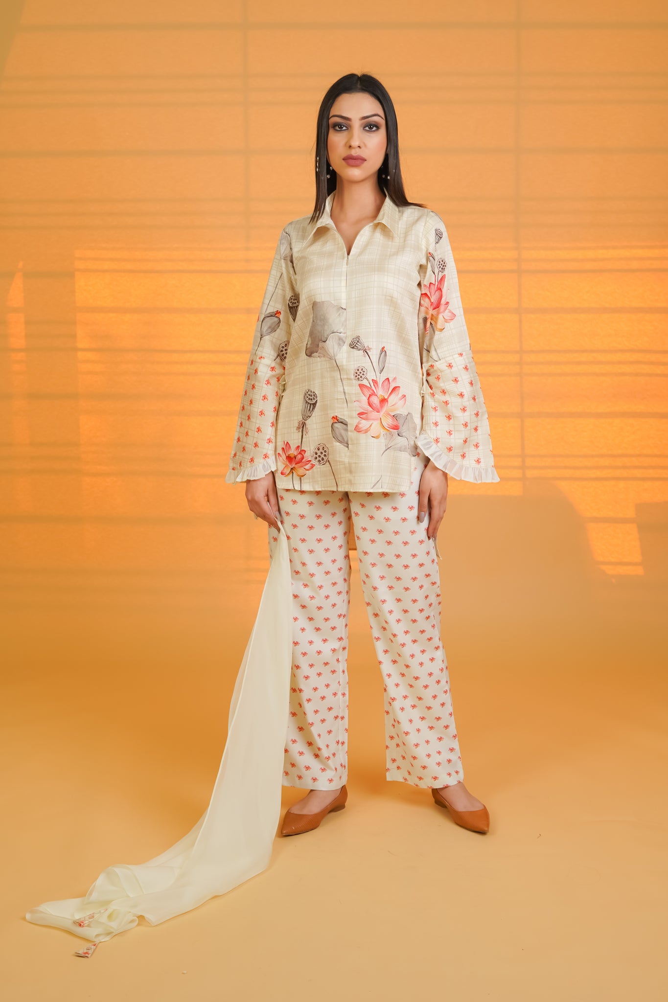 Cream Lotus Cotton Co-ord Set With Organza Scarf - Neetika Chopra