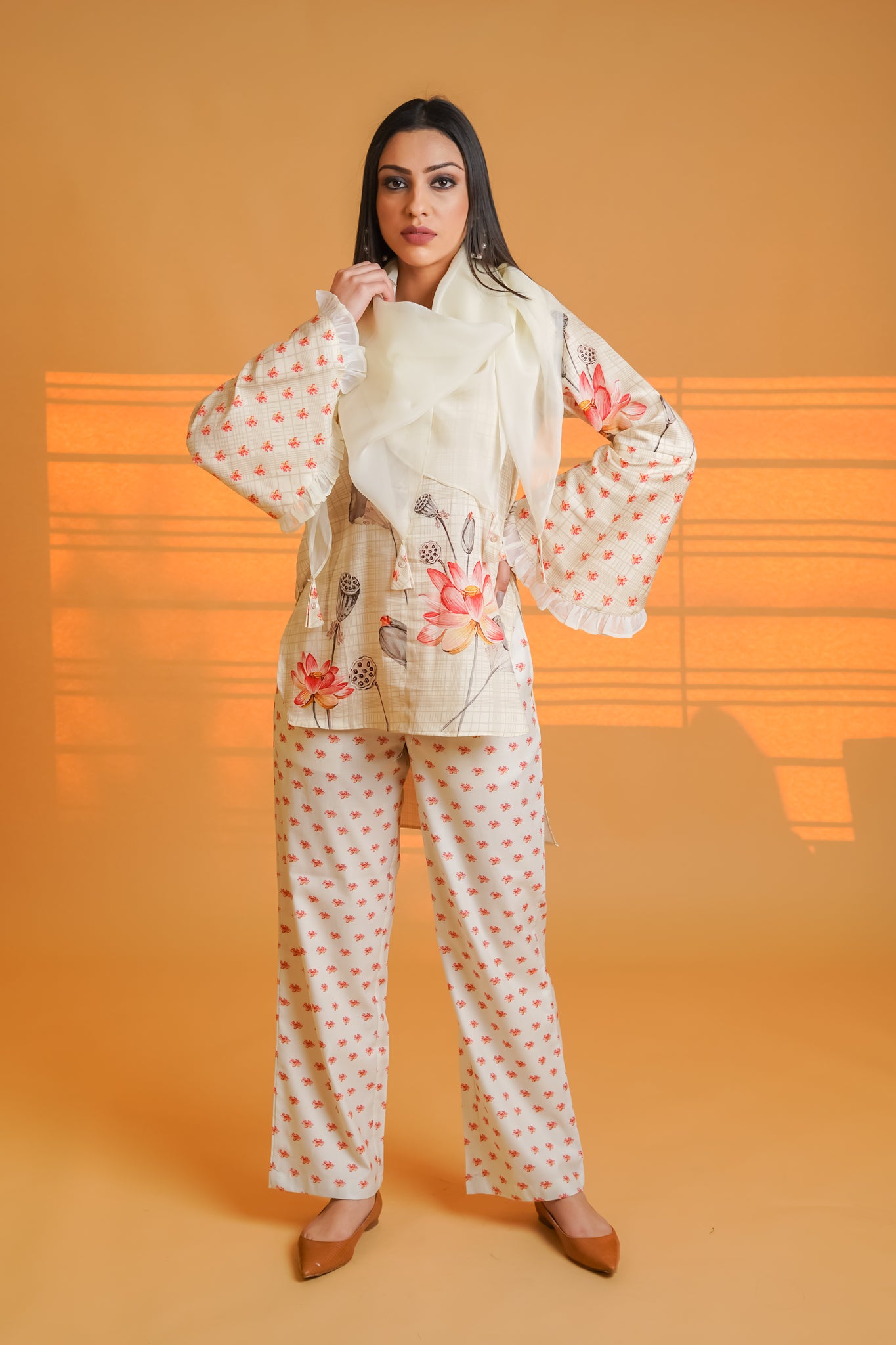 Cream Lotus Cotton Co-ord Set With Organza Scarf - Neetika Chopra