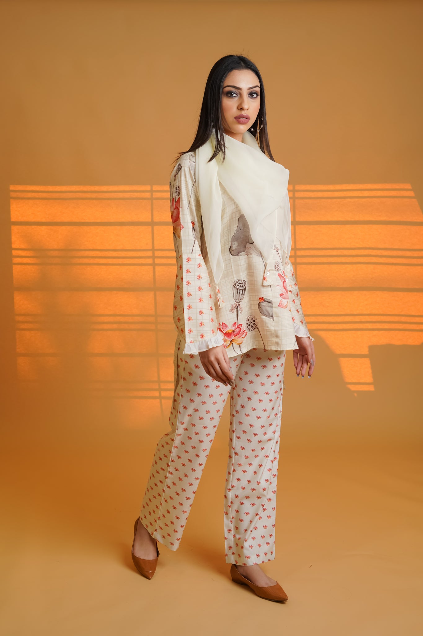 Cream Lotus Cotton Co-ord Set With Organza Scarf - Neetika Chopra