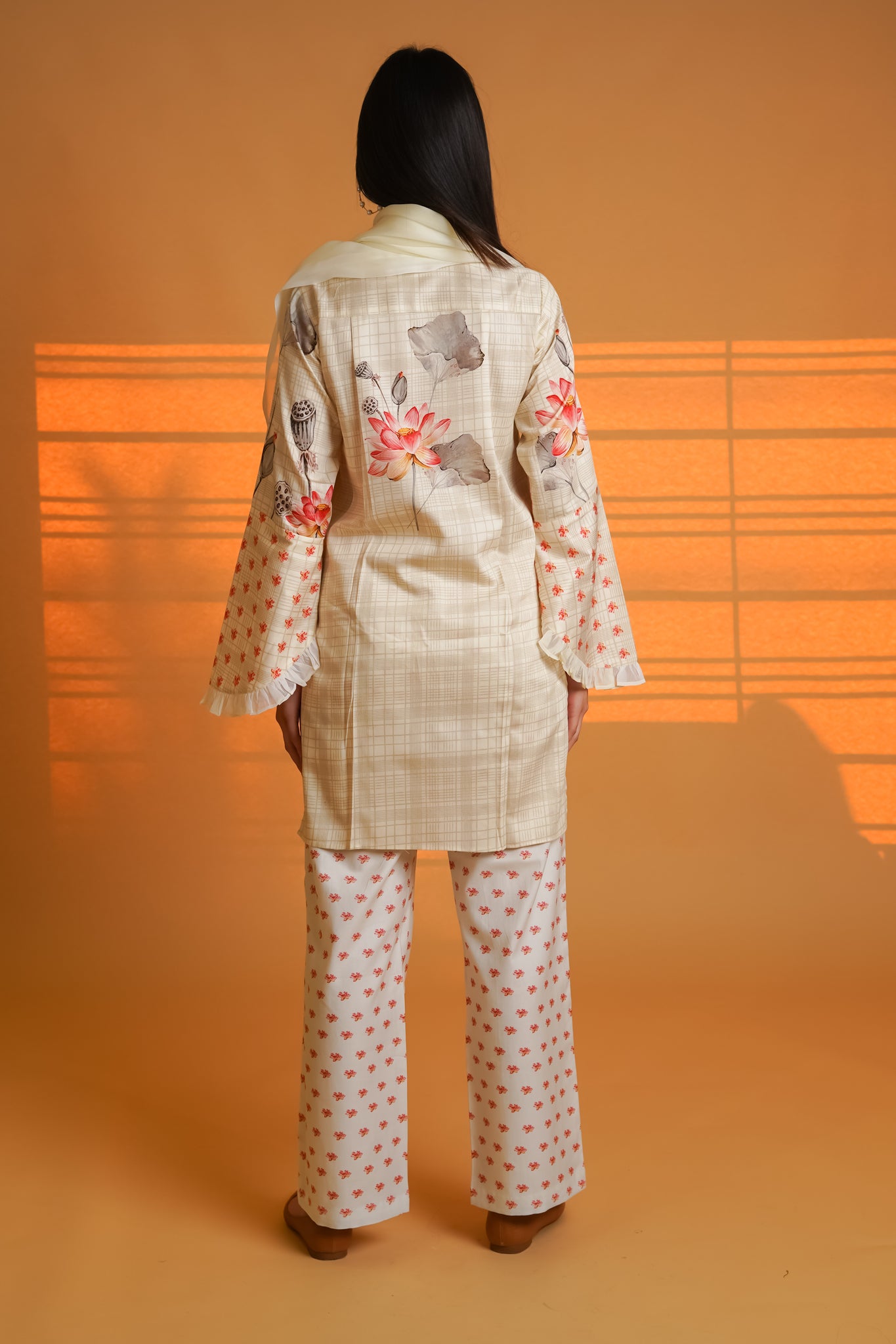 Cream Lotus Cotton Co-ord Set With Organza Scarf - Neetika Chopra