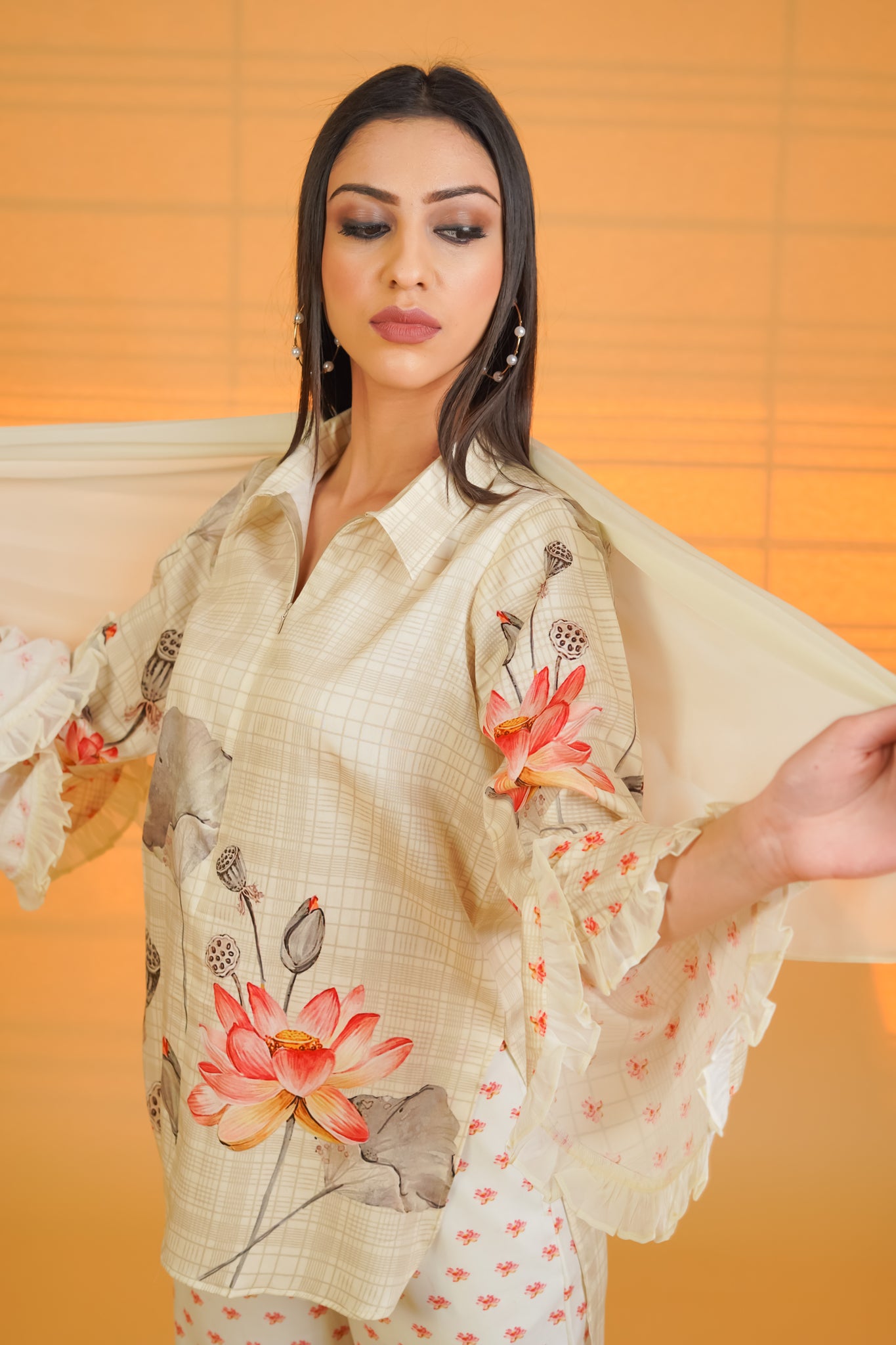 Cream Lotus Cotton Co-ord Set With Organza Scarf - Neetika Chopra