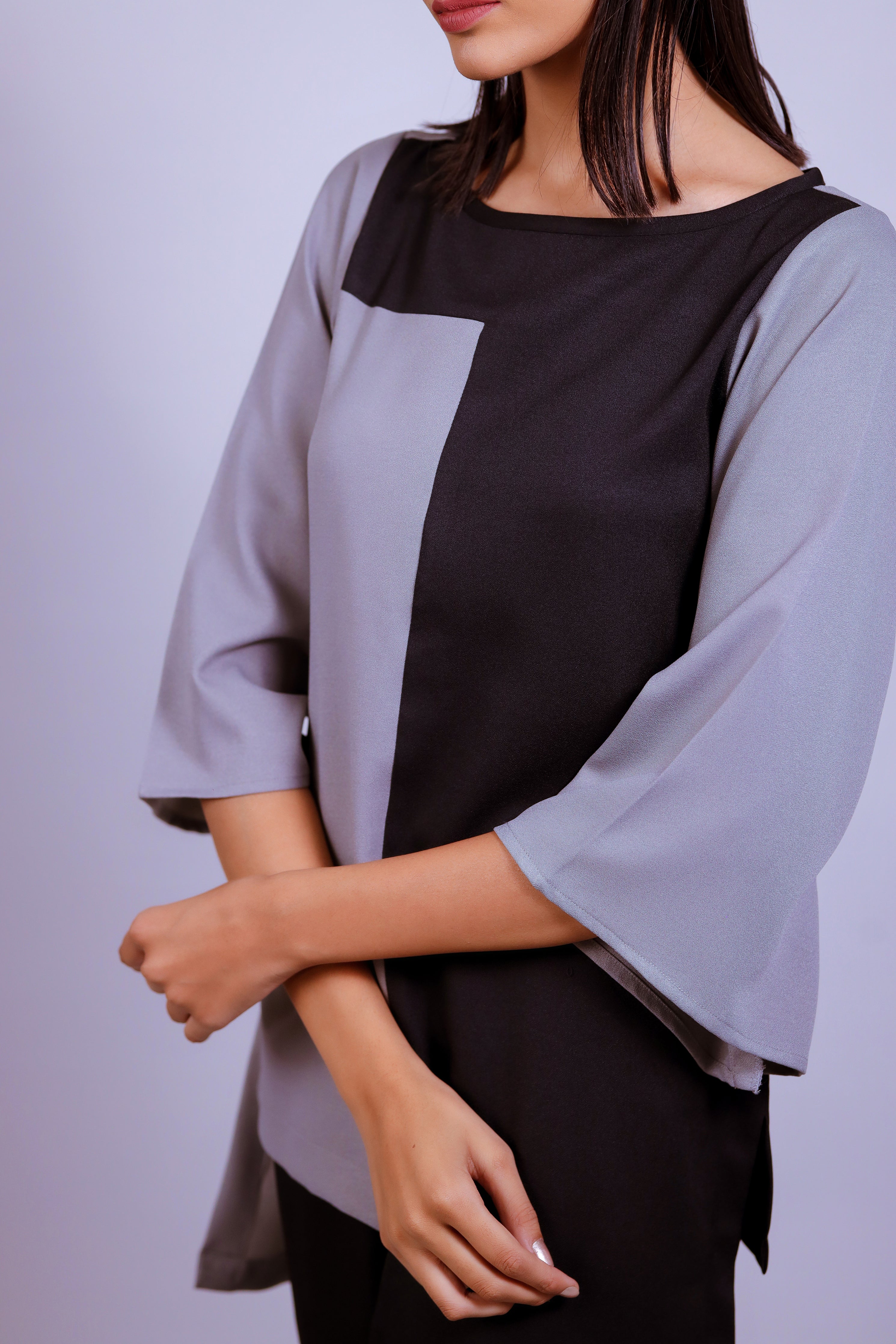 Grey & Black H/H Moss Crepe Co-ord Set - Neetika Chopra