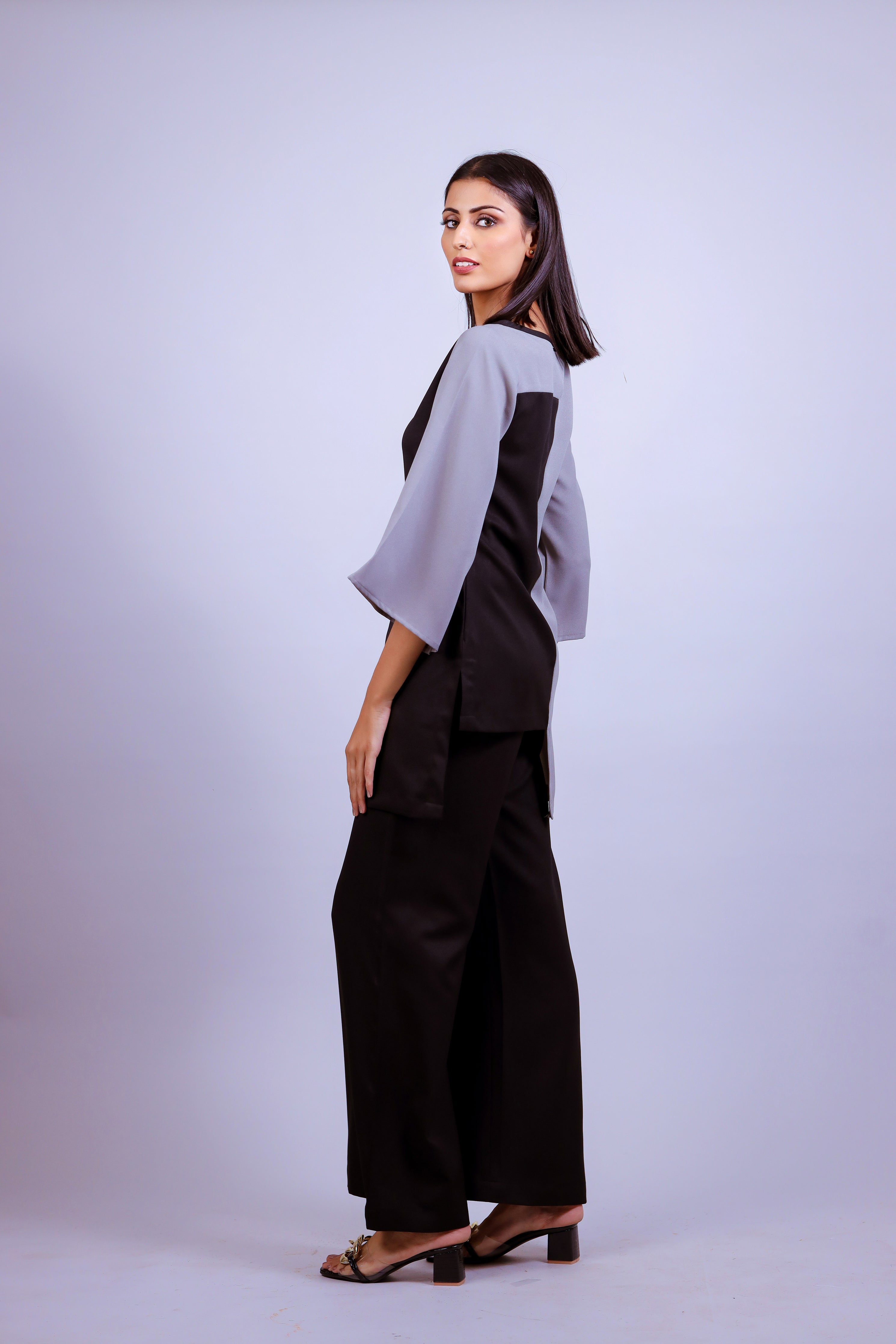 Grey & Black H/H Moss Crepe Co-ord Set - Neetika Chopra