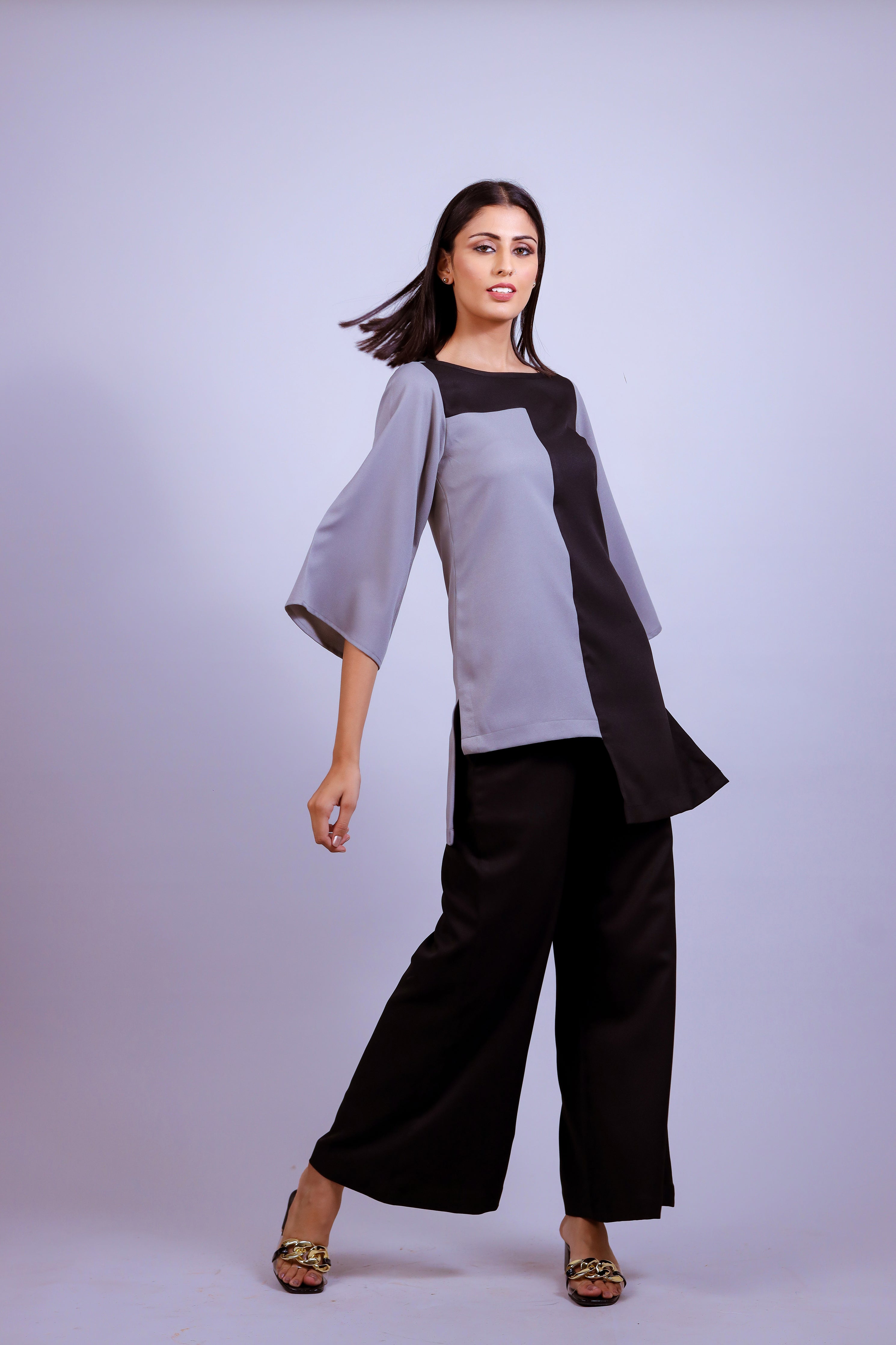 Grey & Black H/H Moss Crepe Co-ord Set - Neetika Chopra