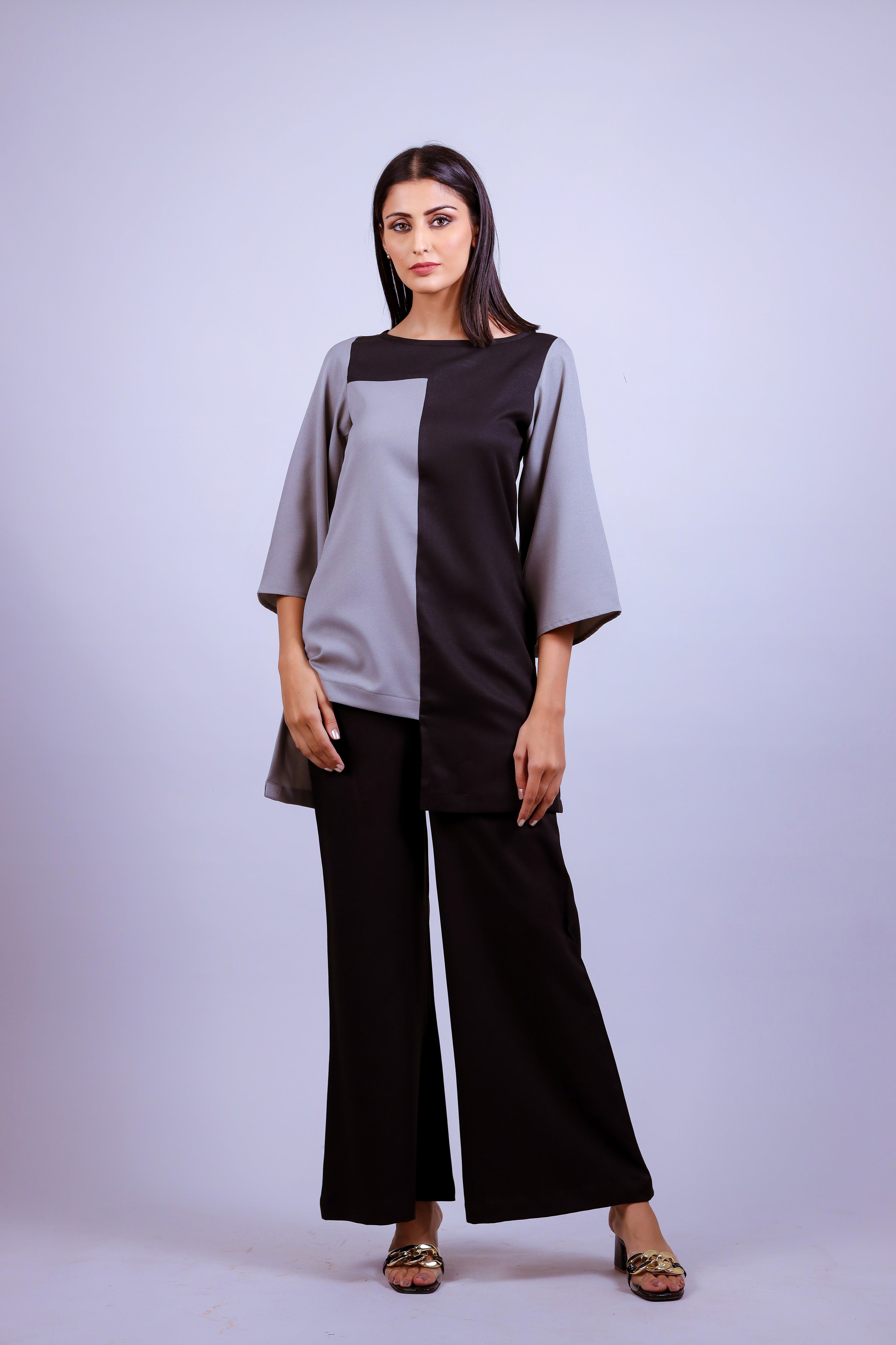 Grey & Black H/H Moss Crepe Co-ord Set - Neetika Chopra
