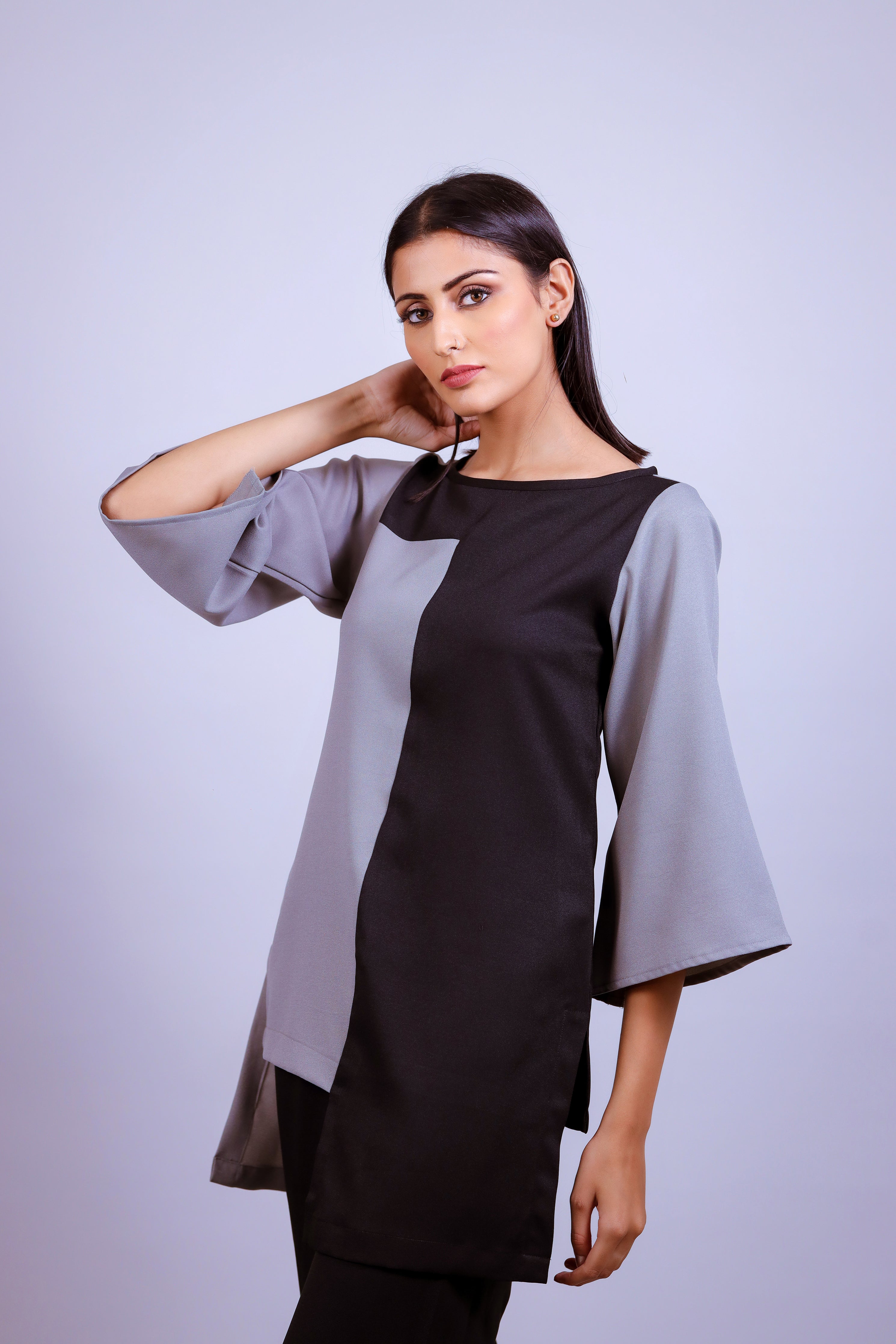 Grey & Black H/H Moss Crepe Co-ord Set - Neetika Chopra