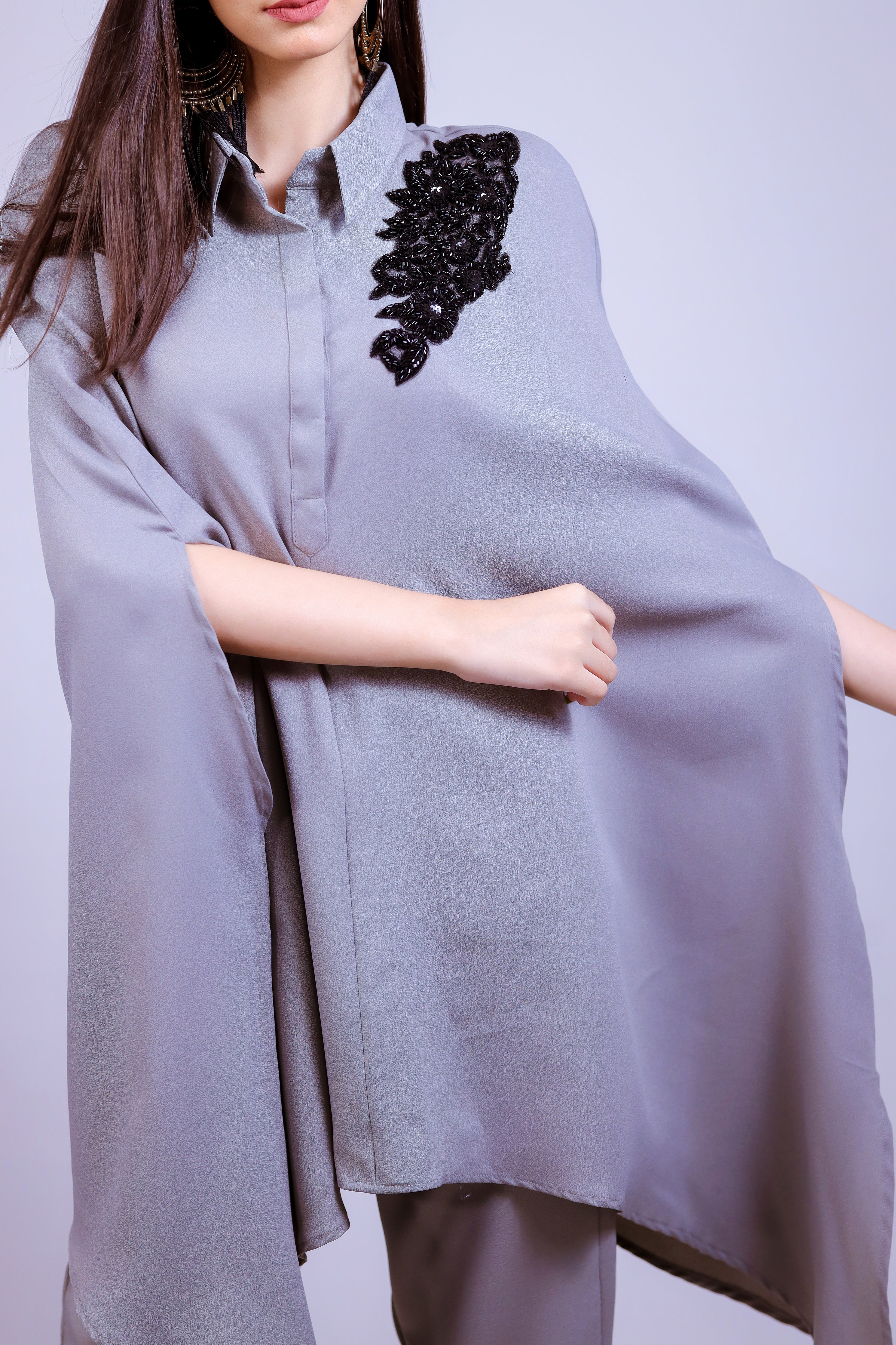 Grey Bubble Black Motif Kaftaan Co-ord Set - Neetika Chopra