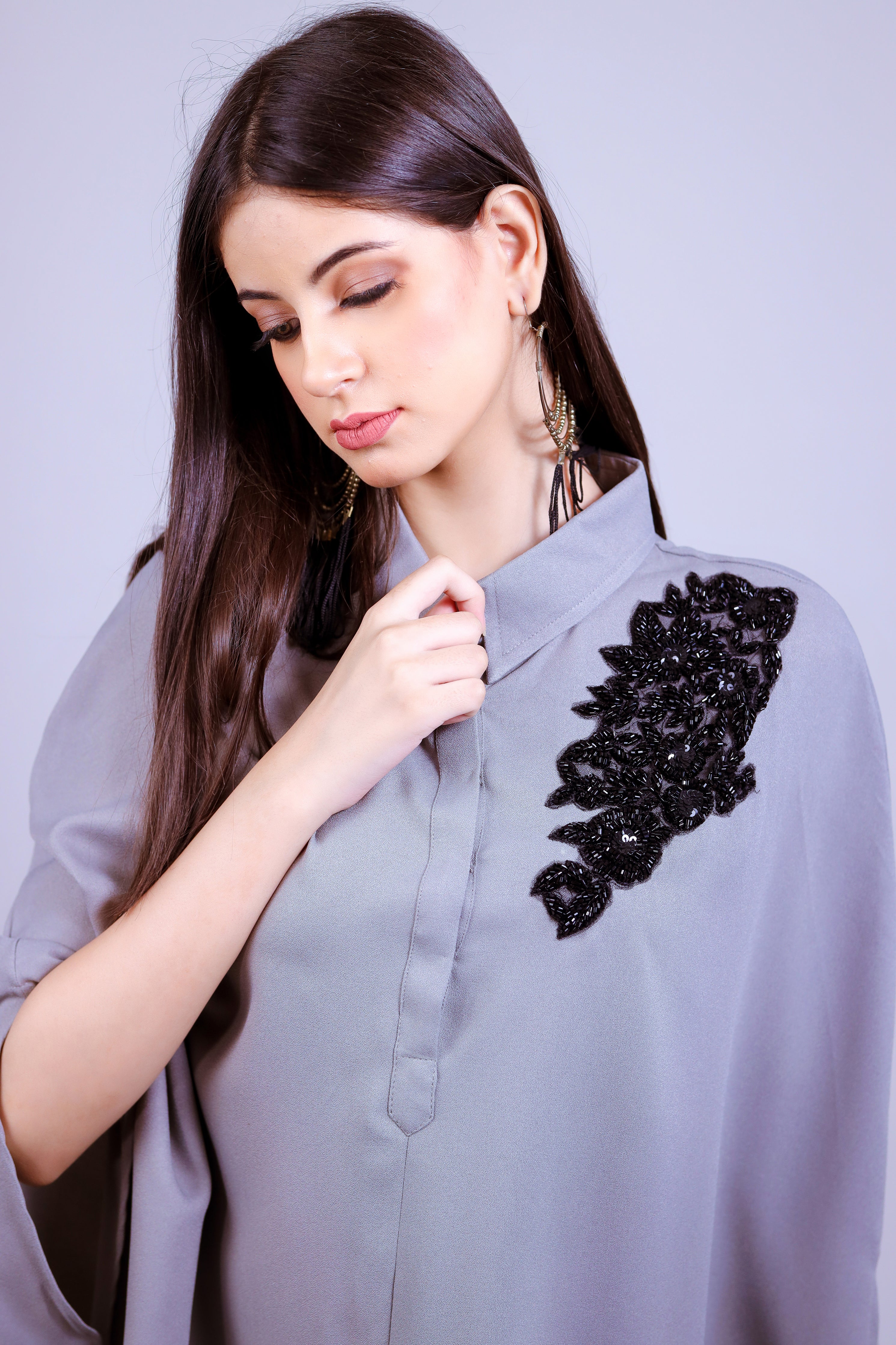 Grey Bubble Black Motif Kaftaan Co-ord Set - Neetika Chopra