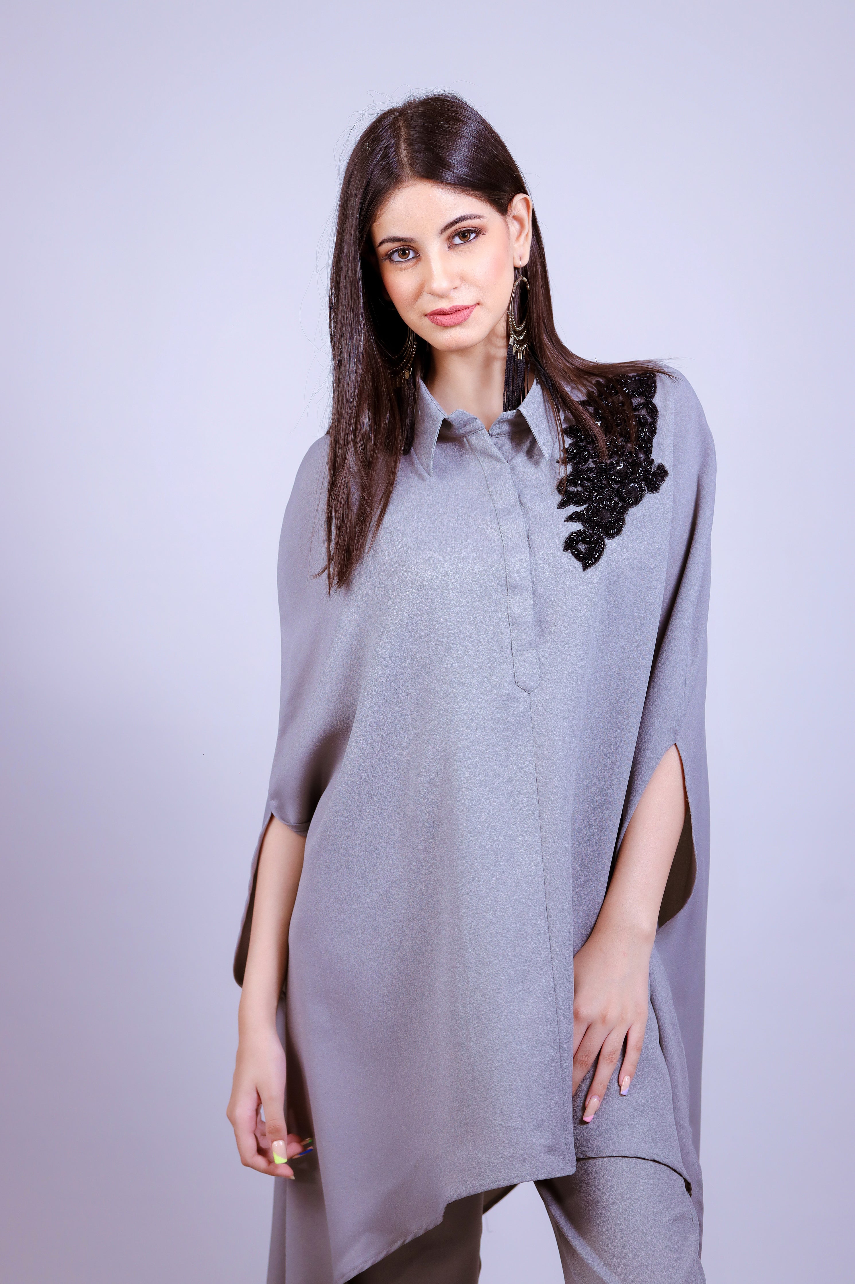 Grey Bubble Black Motif Kaftaan Co-ord Set - Neetika Chopra