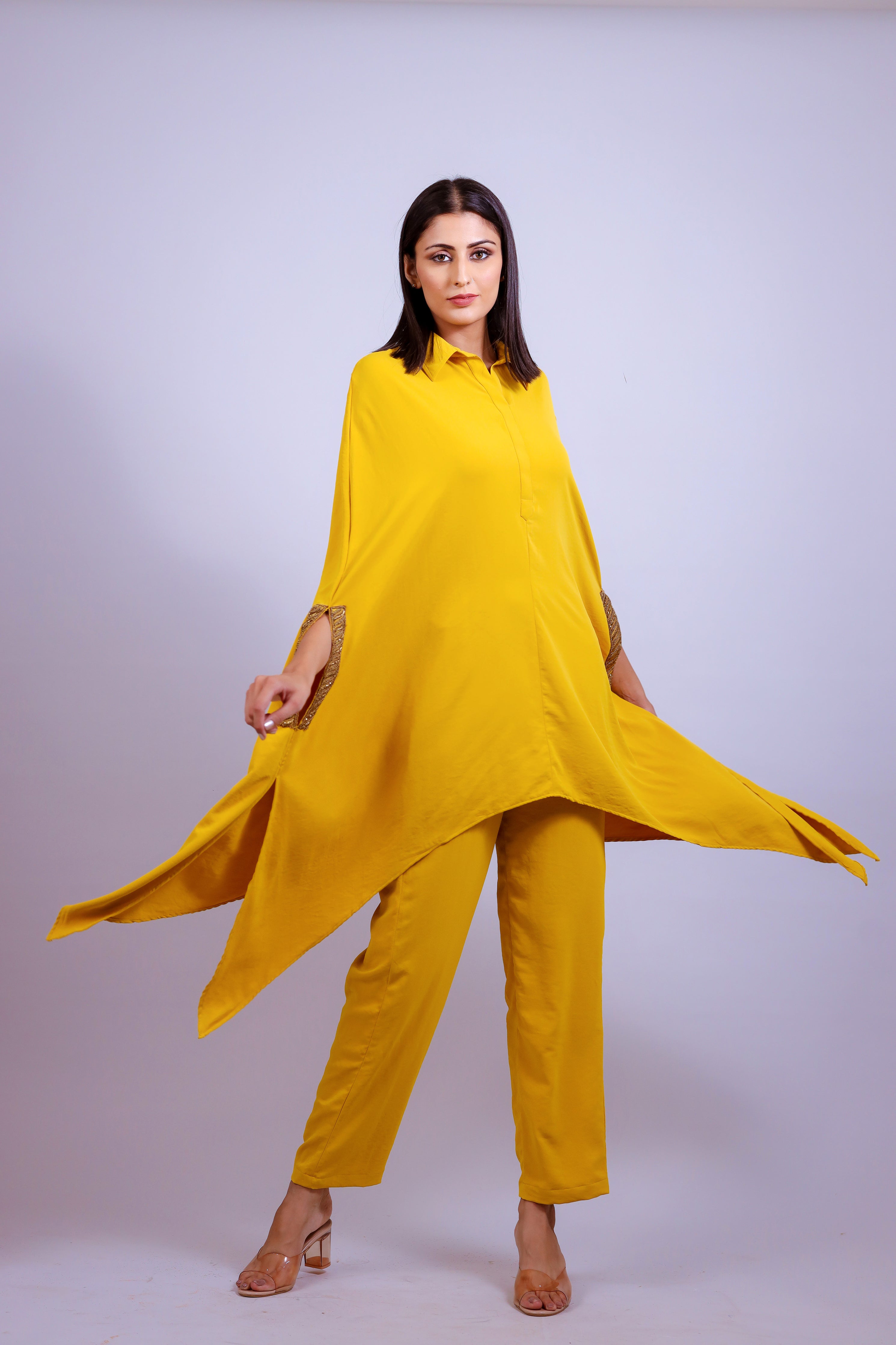 Mustard Yellow Hand Embroidered Kaftaan Co-ord Set - Neetika Chopra