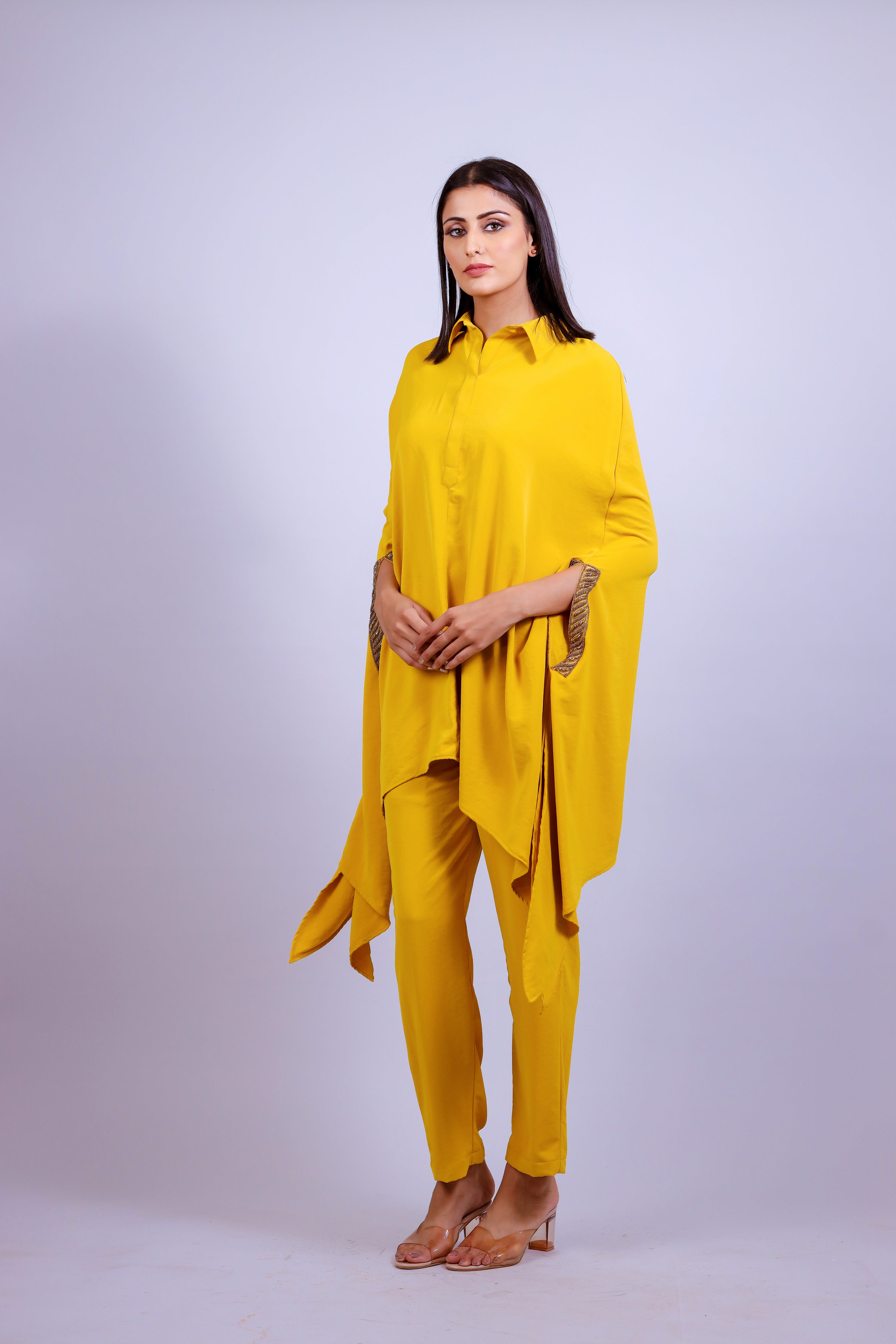 Mustard Yellow Hand Embroidered Kaftaan Co-ord Set - Neetika Chopra