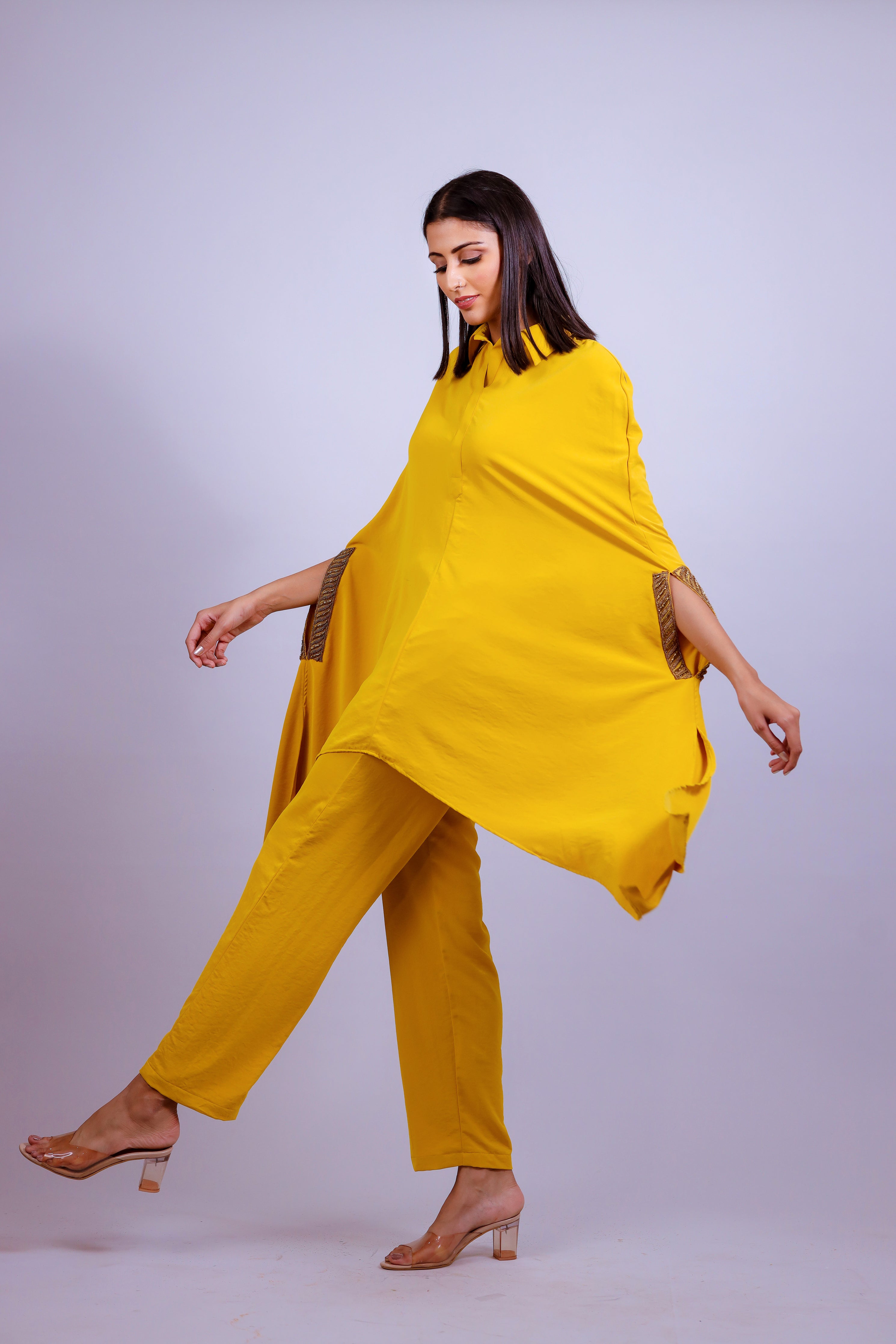 Mustard Yellow Hand Embroidered Kaftaan Co-ord Set - Neetika Chopra