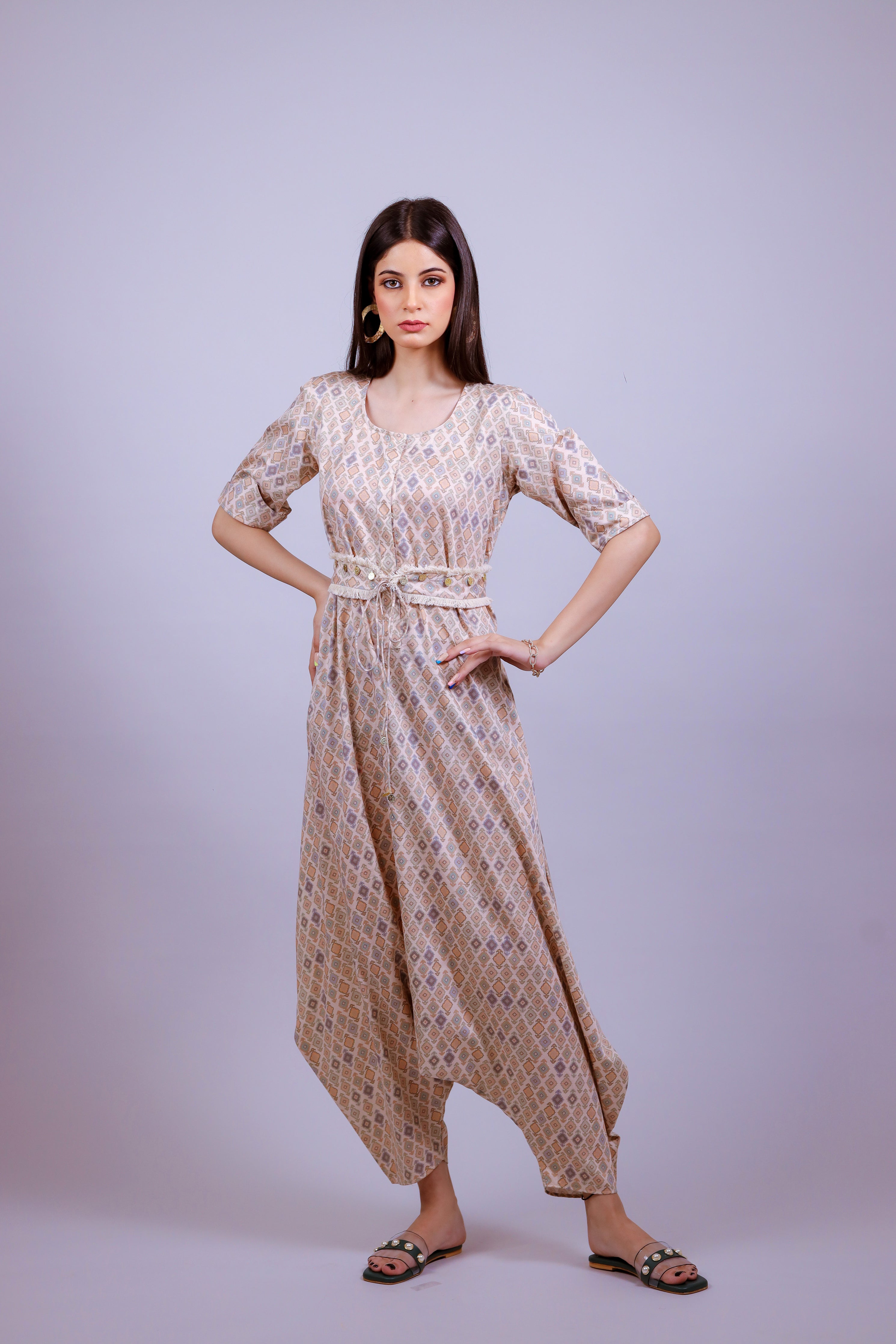 Powder Peach geometric jumsuit with belt - Neetika Chopra