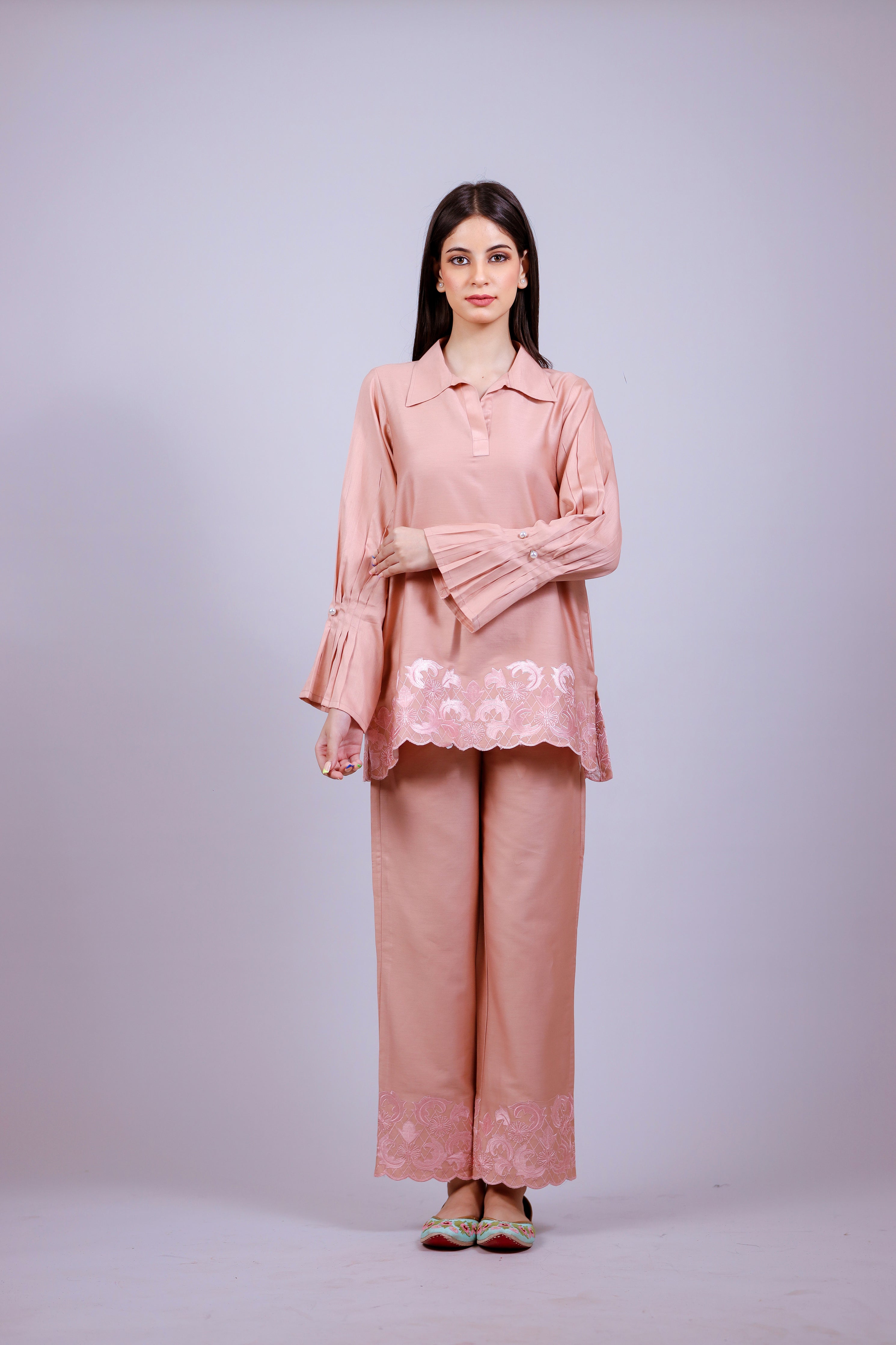 Salmon Pink Embroidered Co-ord Set - Neetika Chopra