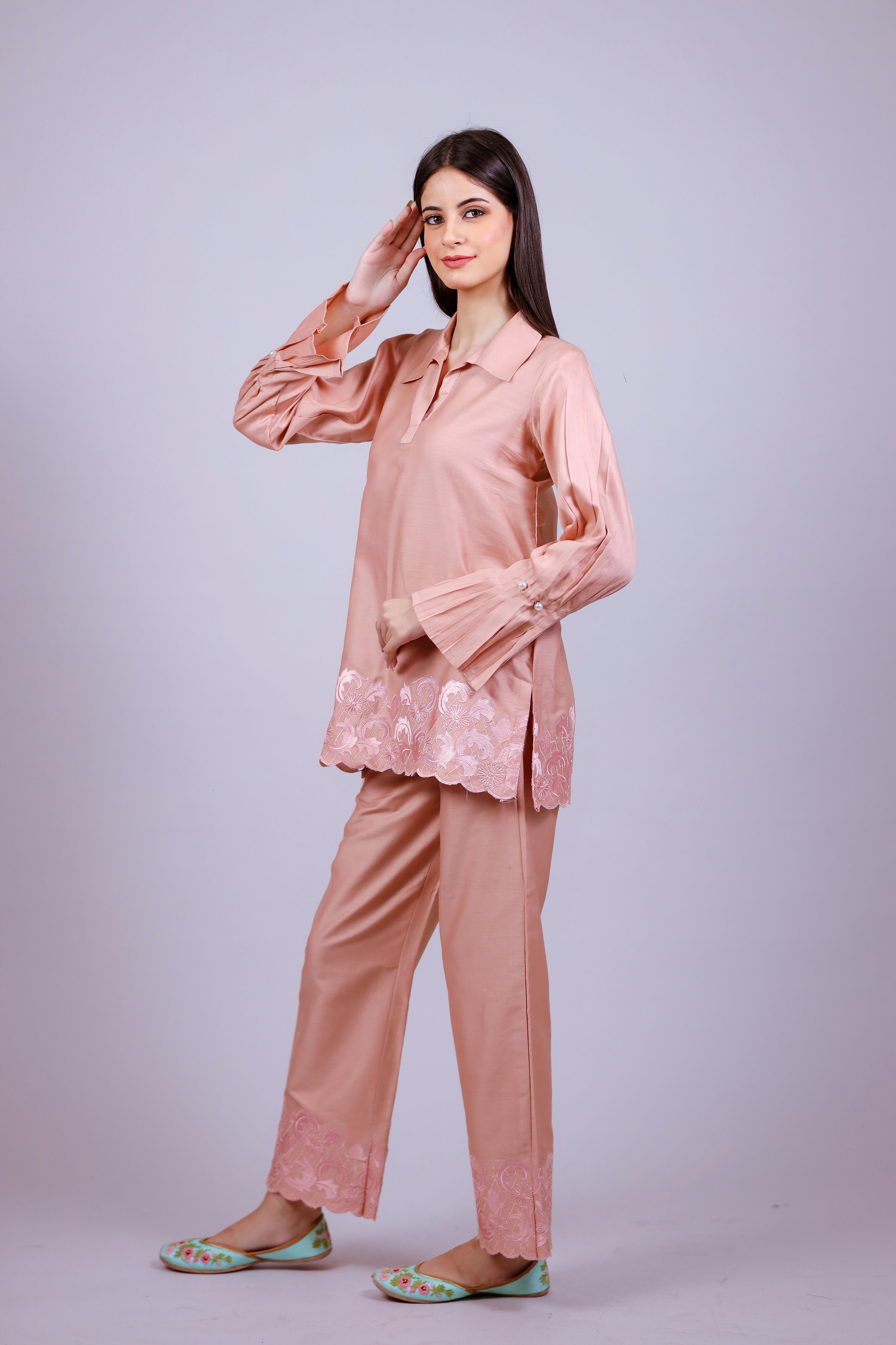 Salmon Pink Embroidered Co-ord Set - Neetika Chopra