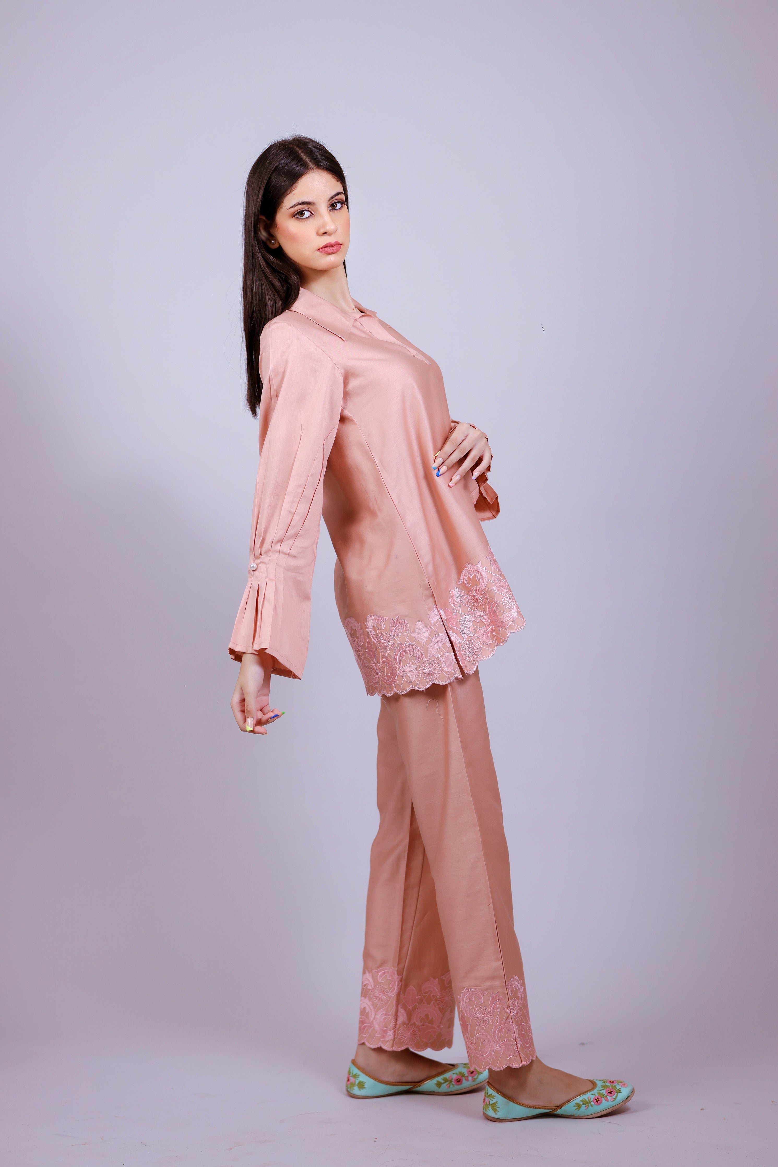 Salmon Pink Embroidered Co-ord Set - Neetika Chopra