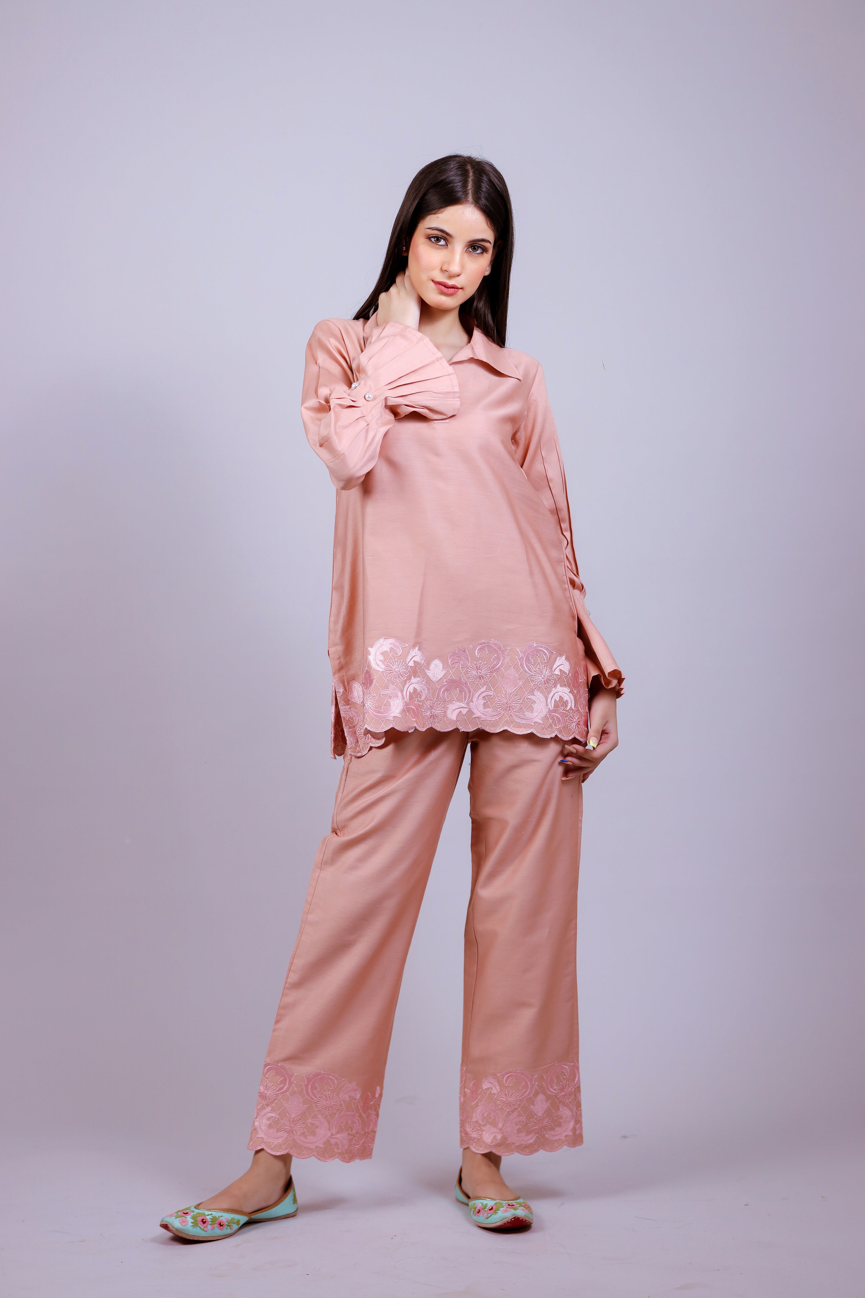 Salmon Pink Embroidered Co-ord Set - Neetika Chopra