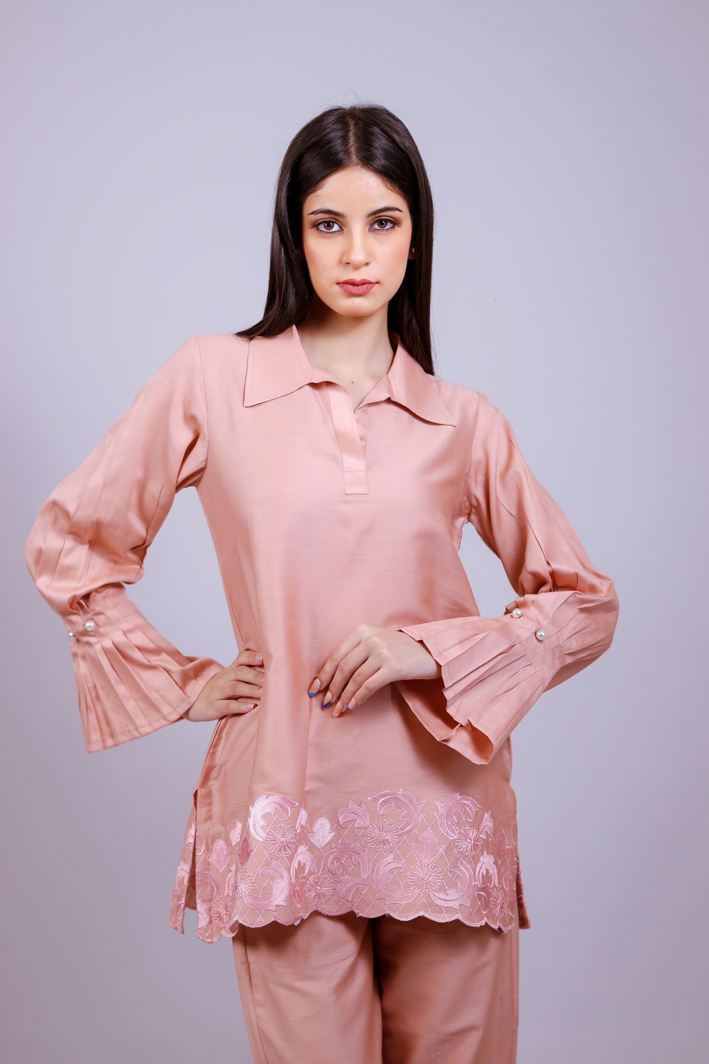 Salmon Pink Embroidered Co-ord Set - Neetika Chopra