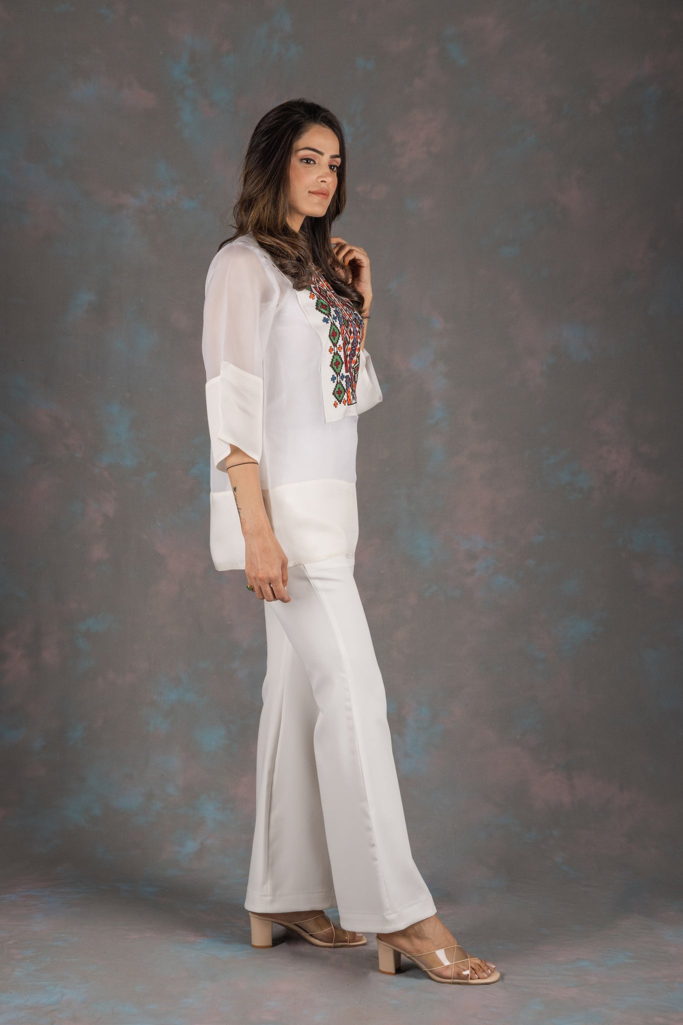 White Aztec Embroidered Co-ord Set - Neetika Chopra