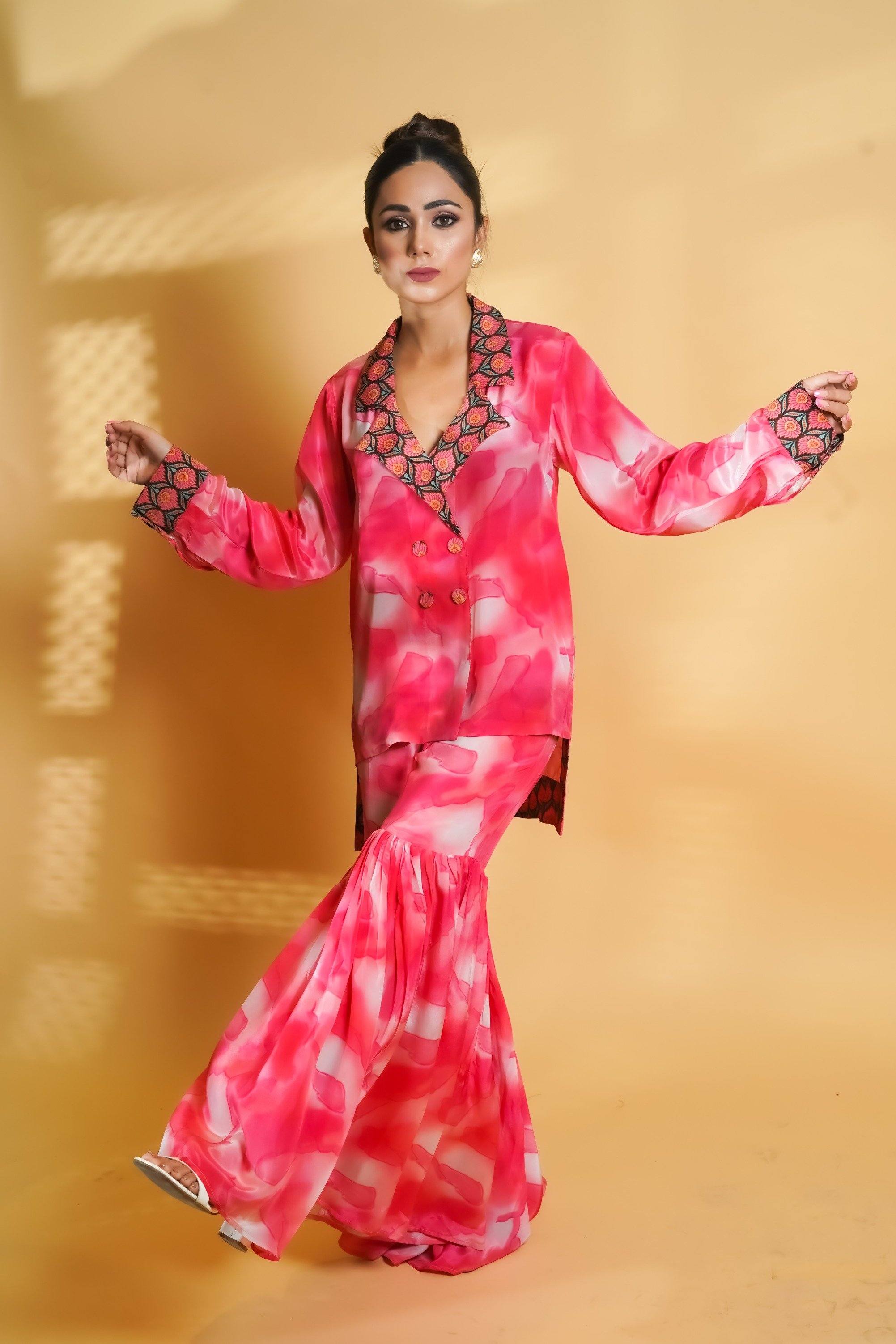 Fusion Peach Shaded Crepe Sharara Set - Neetika Chopra