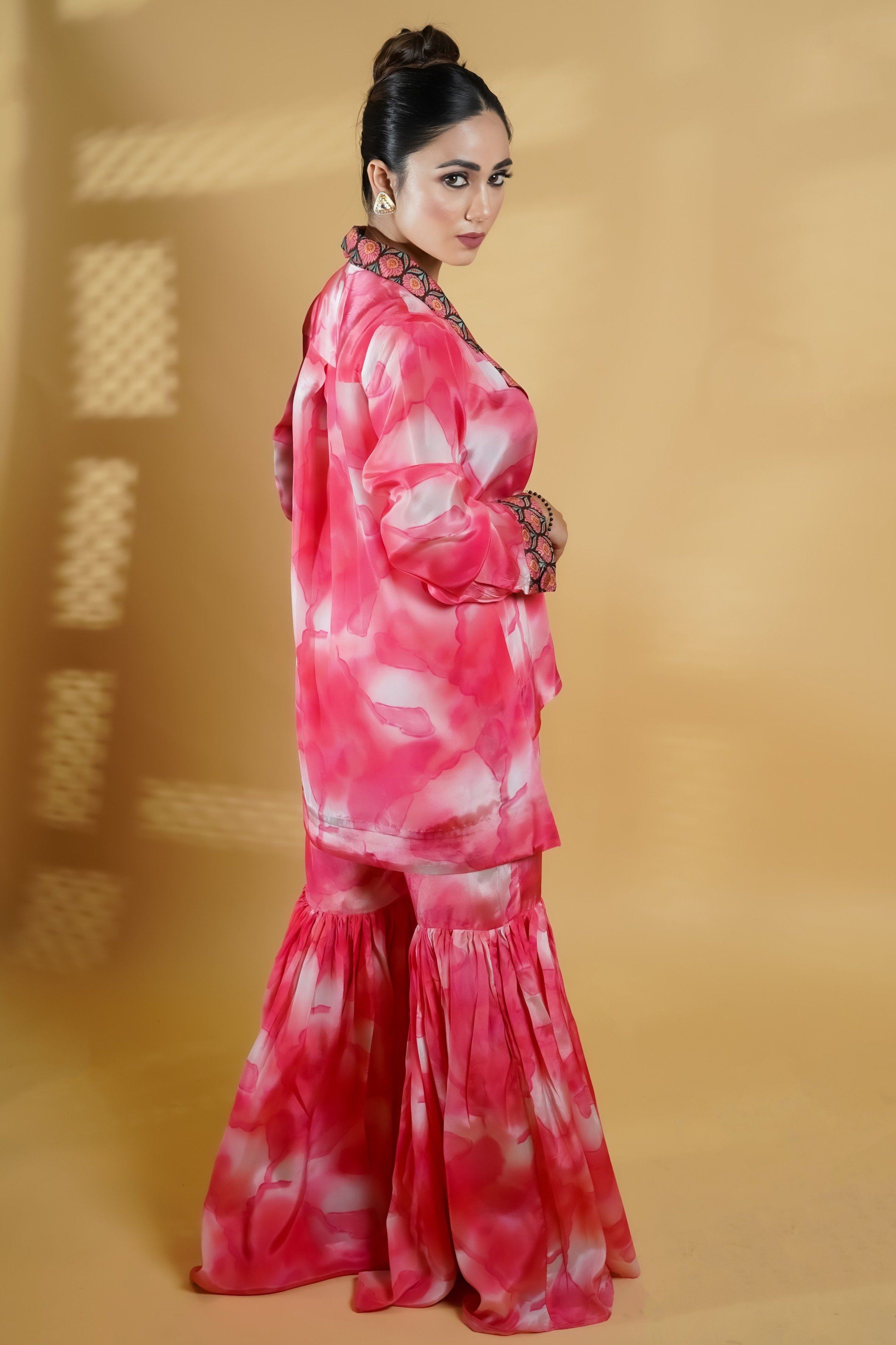 Fusion Peach Shaded Crepe Sharara Set - Neetika Chopra
