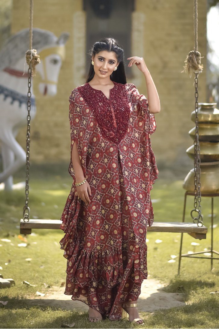 Marsala Boxy Ruffle Set - Neetika Chopra