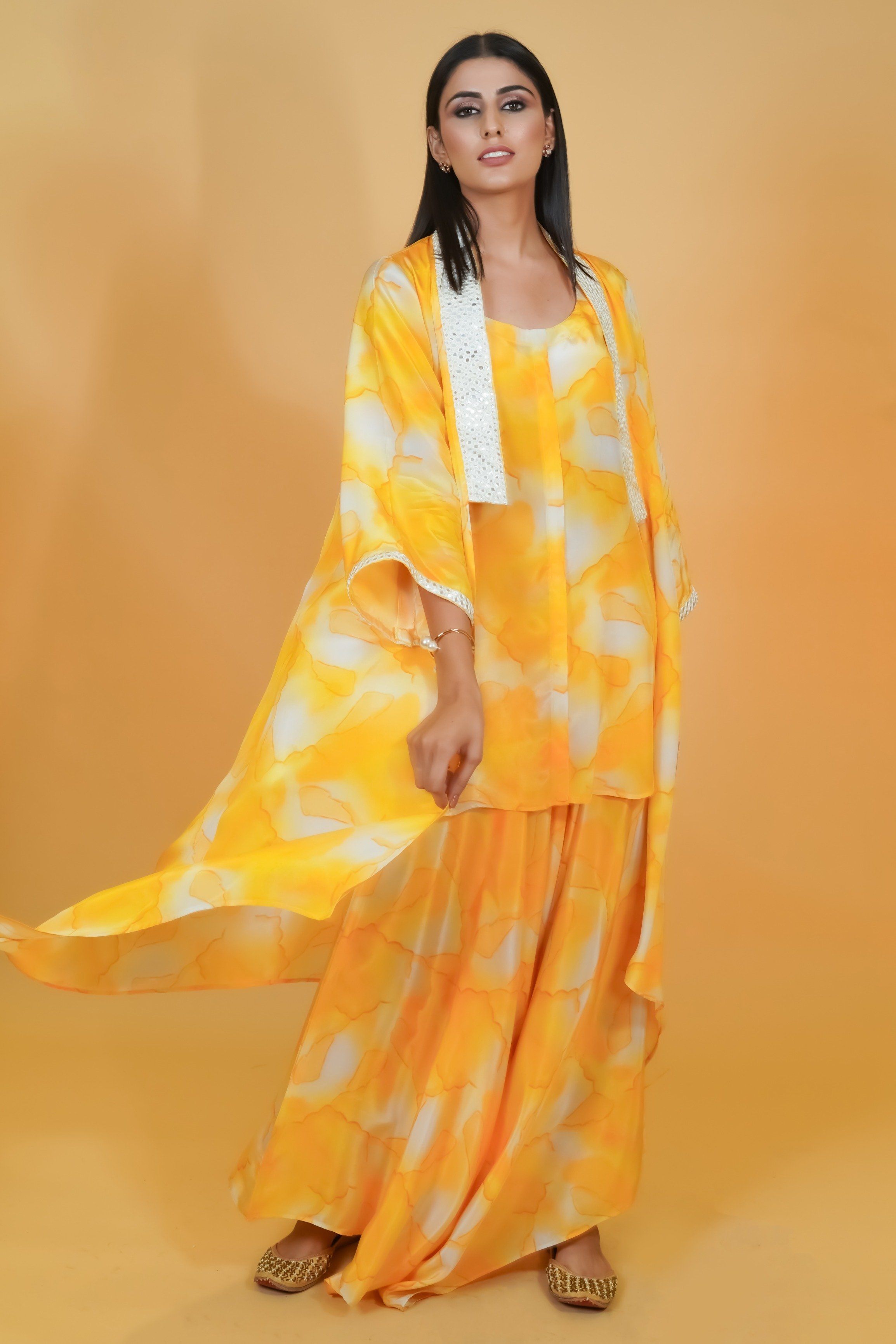 Yellow Shaded Crepe 3pc Co-ord Set - Neetika Chopra