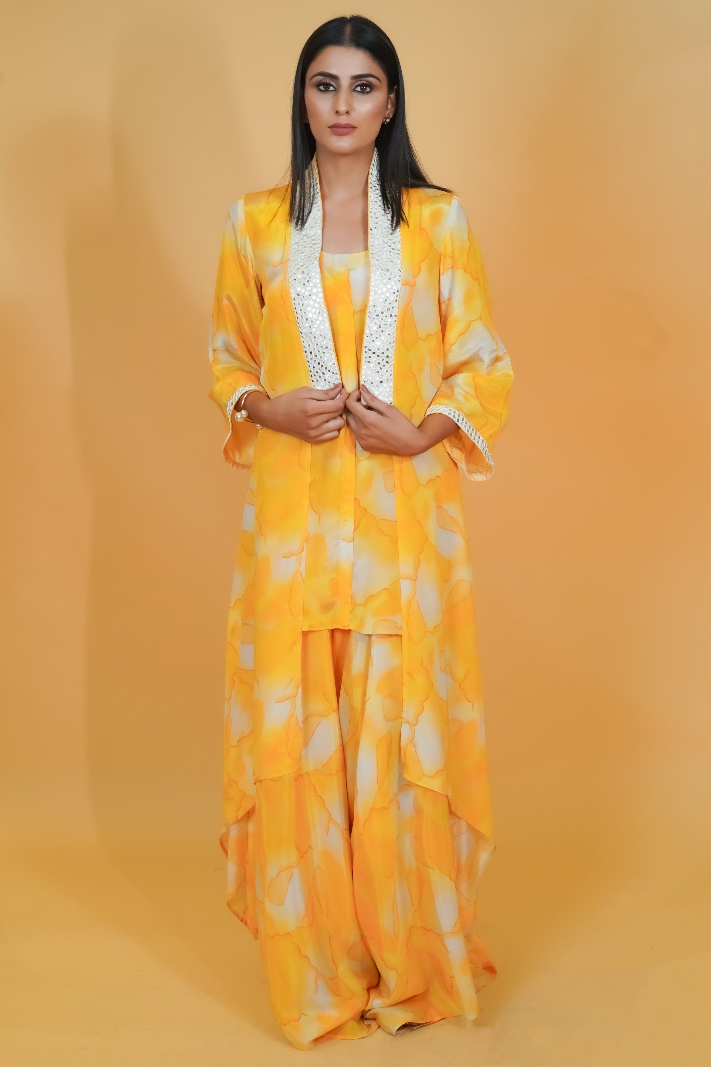Yellow Shaded Crepe 3pc Co-ord Set - Neetika Chopra