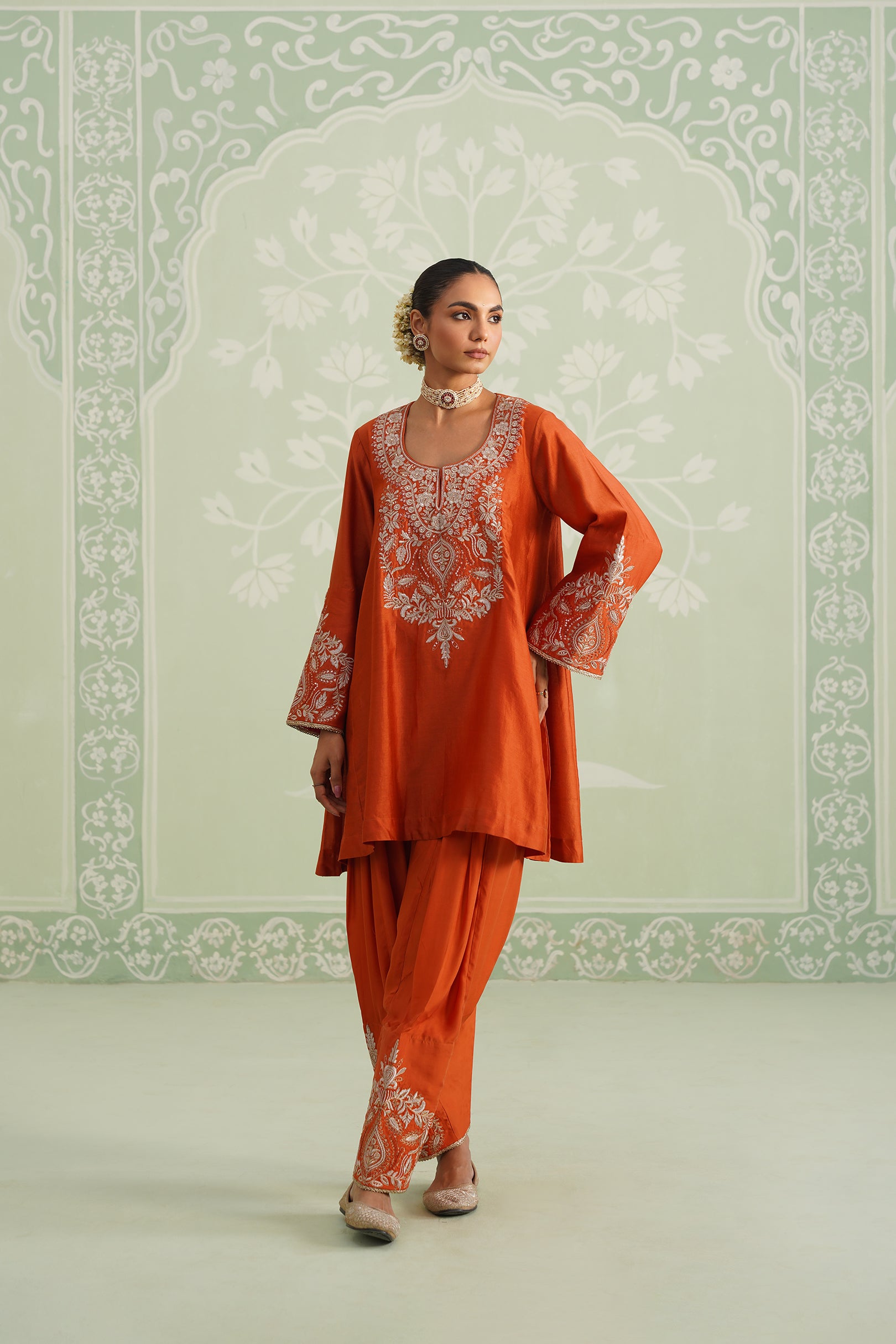 Makshi Chanderi Satin Embroidered Matching Set