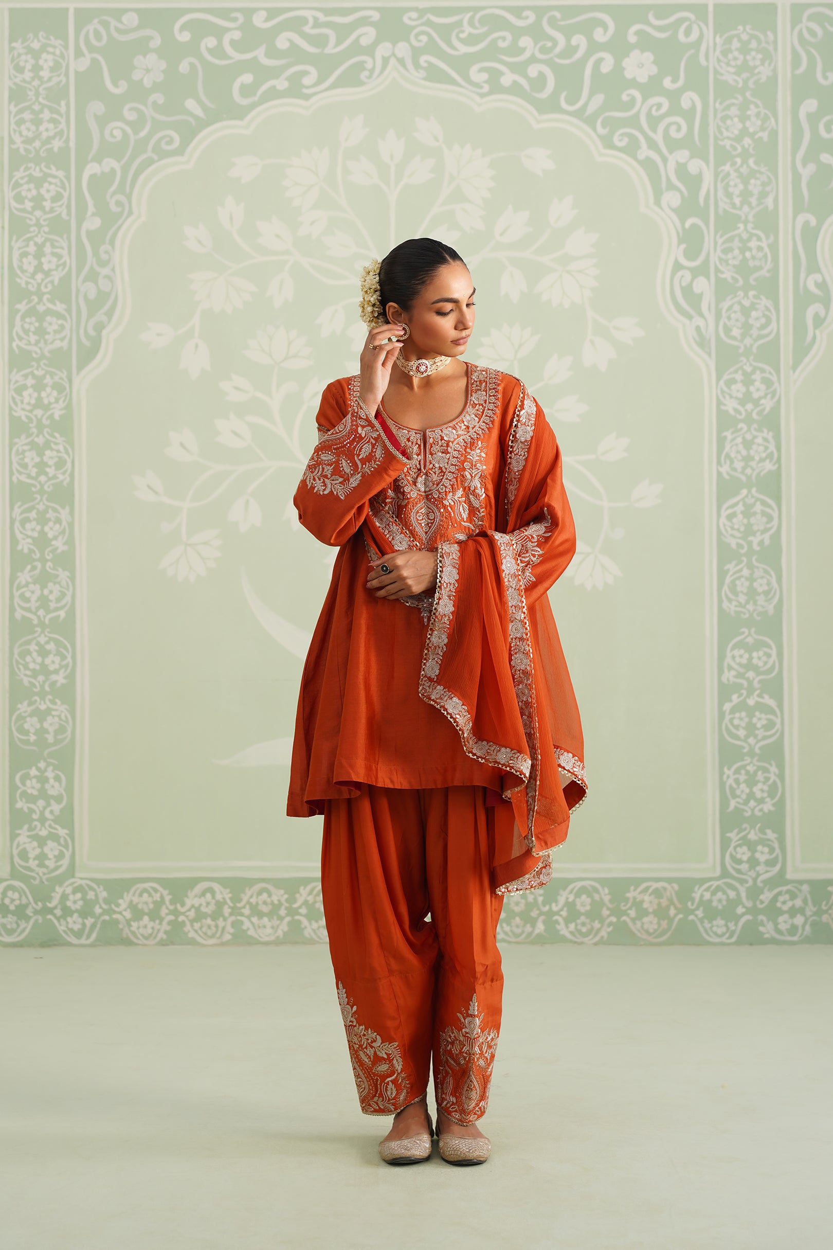 Makshi Chanderi Satin Embroidered Matching Set