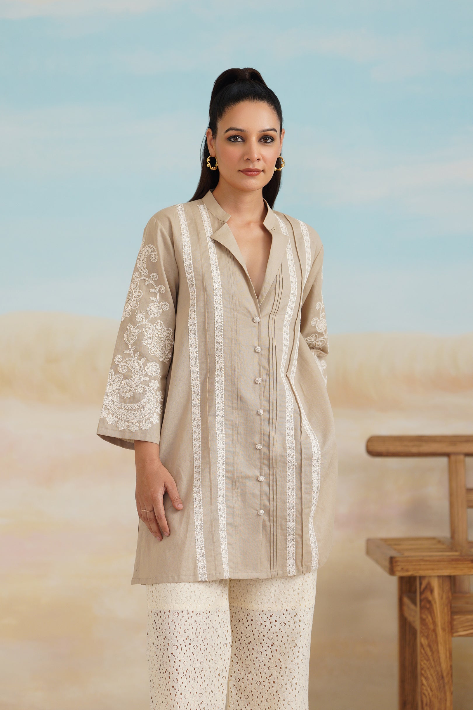 Saanvi Cotton Linen Embroidered Top
