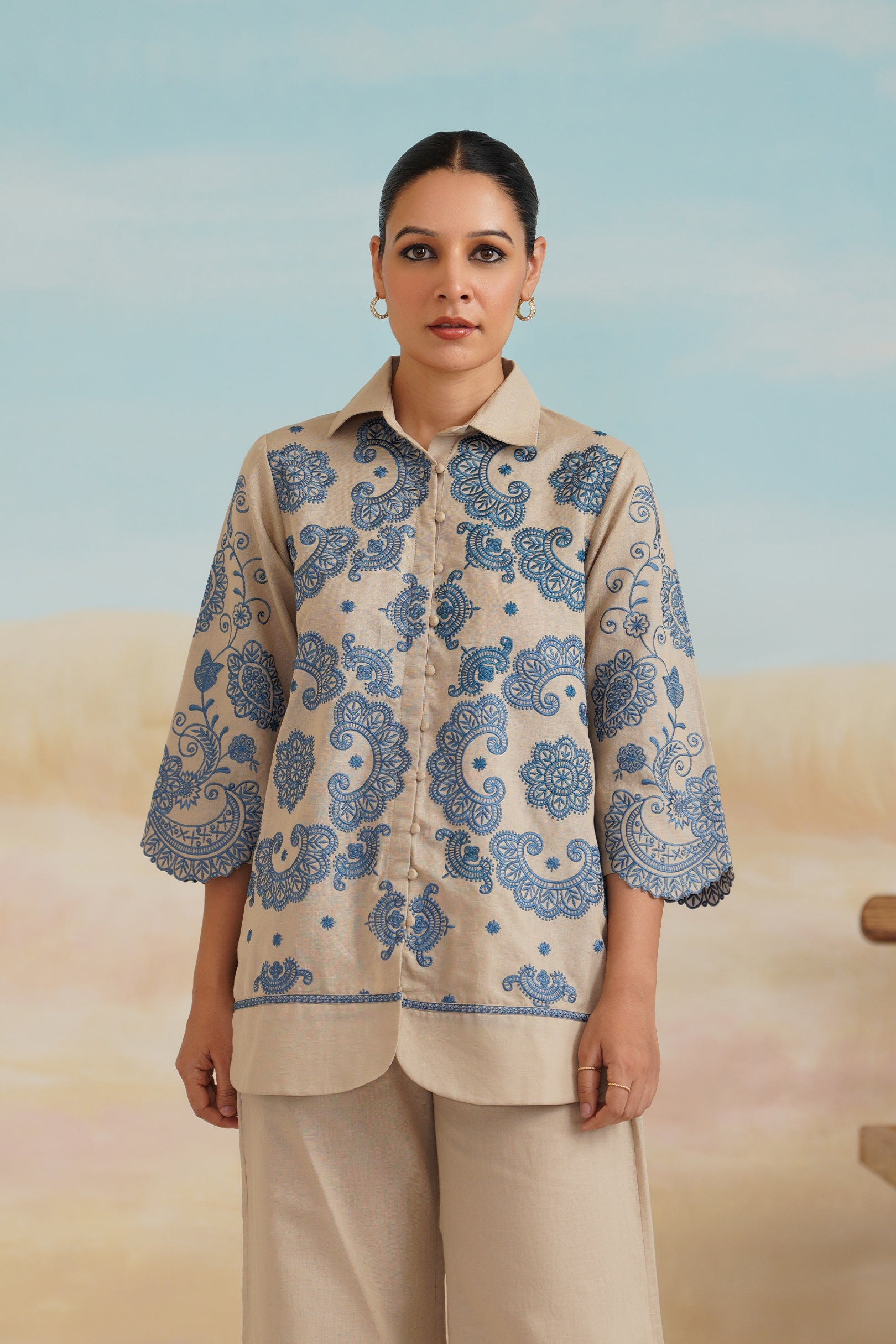 Zermin Cotton Linen Embroidered Top