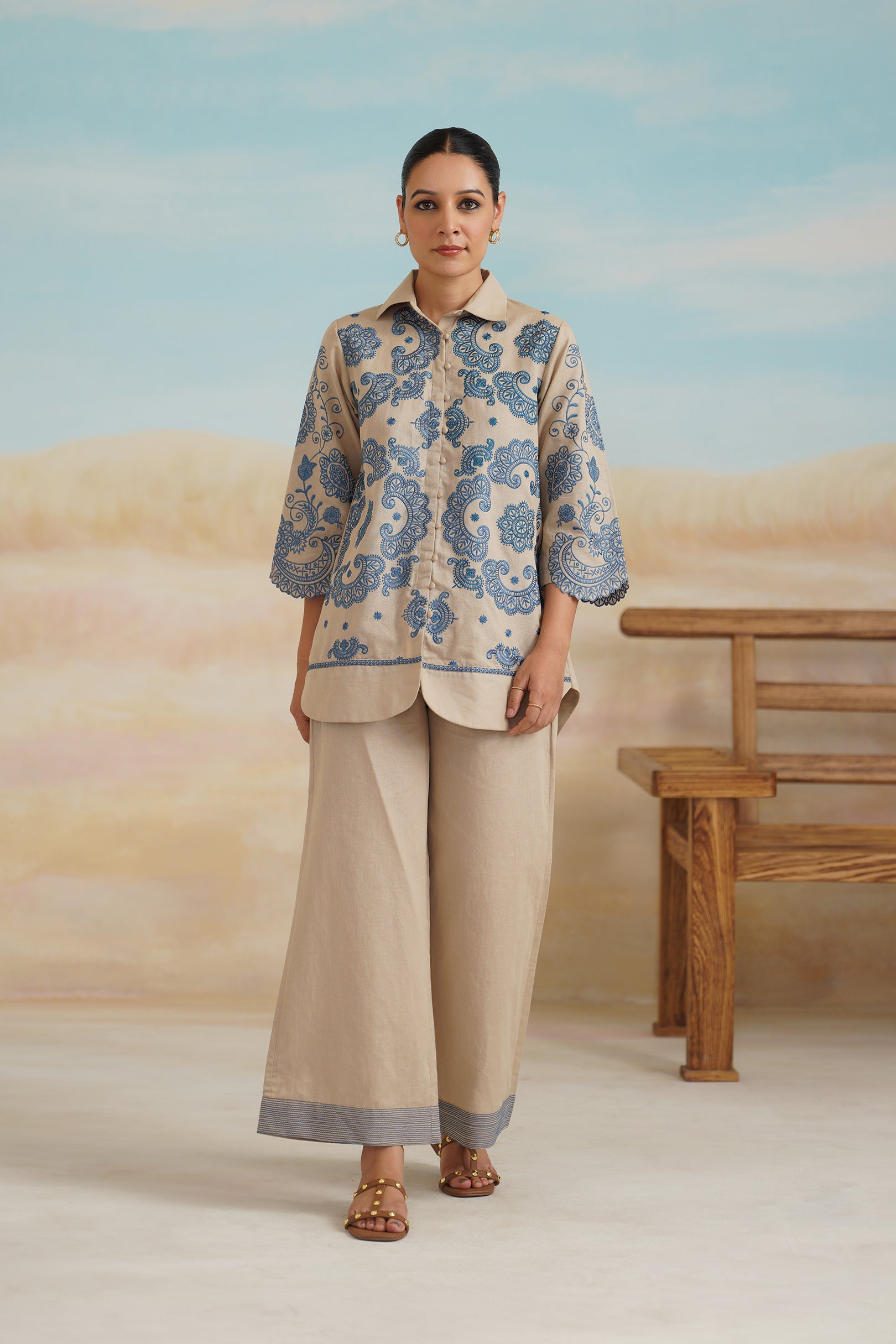 Zermin Cotton Linen Embroidered Matching Set