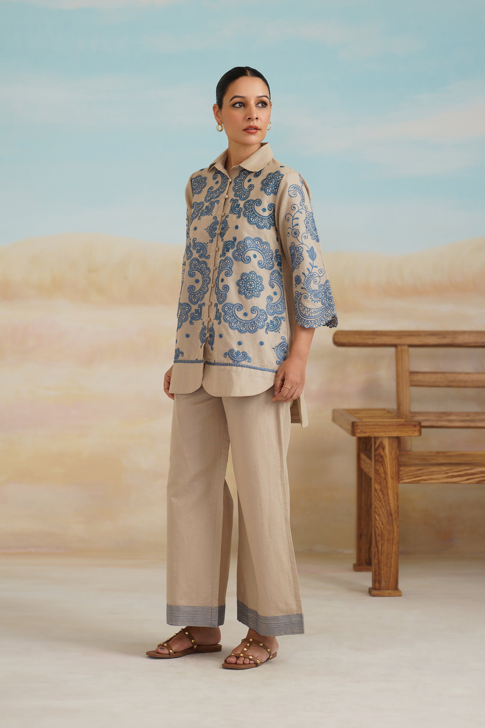 Zermin Cotton Linen Embroidered Matching Set