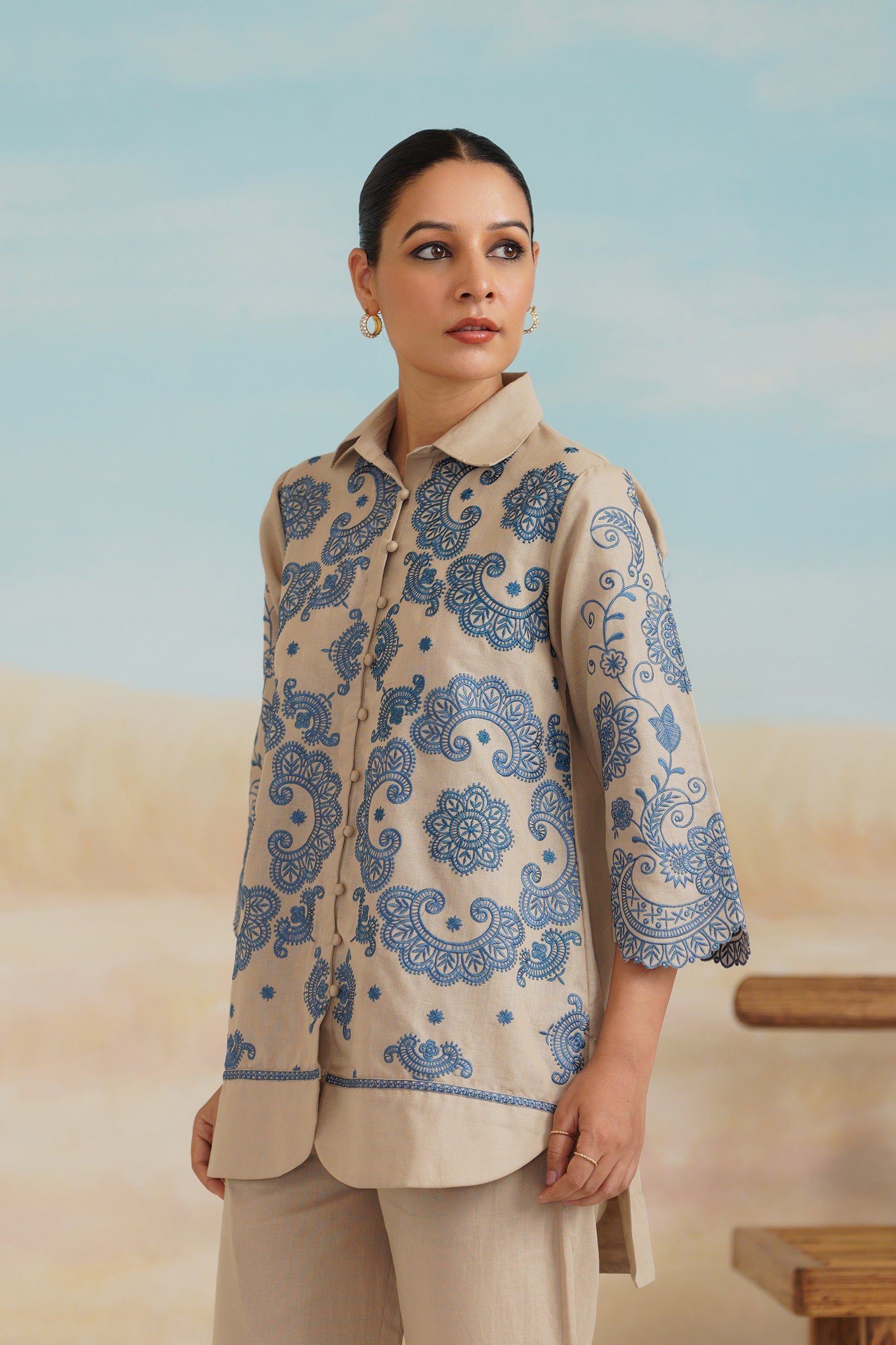 Zermin Cotton Linen Embroidered Top