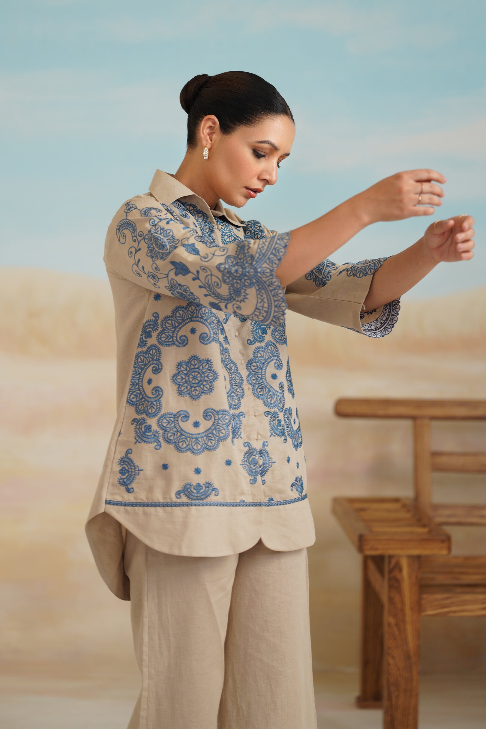 Zermin Cotton Linen Embroidered Top
