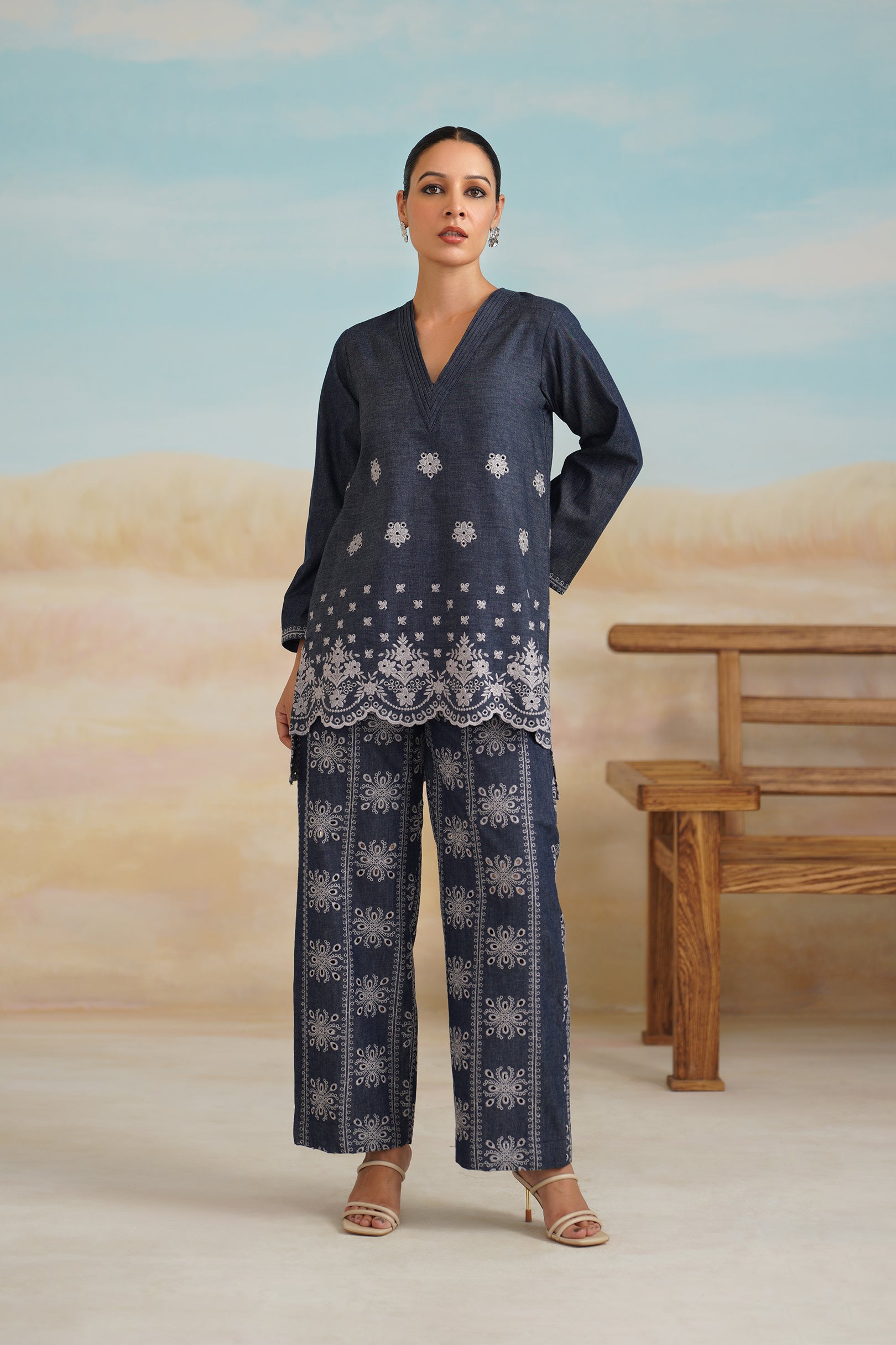 Denim Embroidered  Matching Set