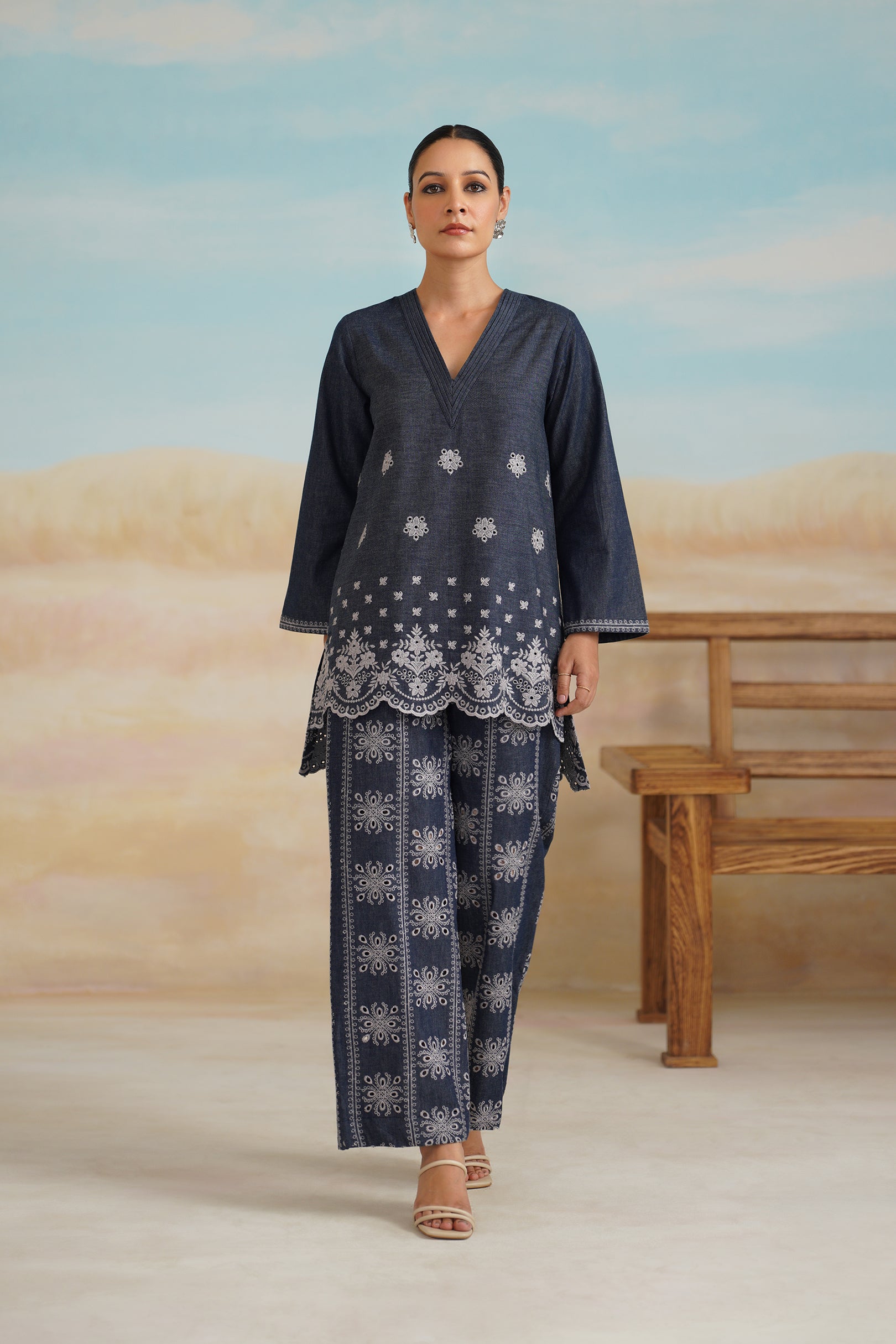 Denim Embroidered  Matching Set