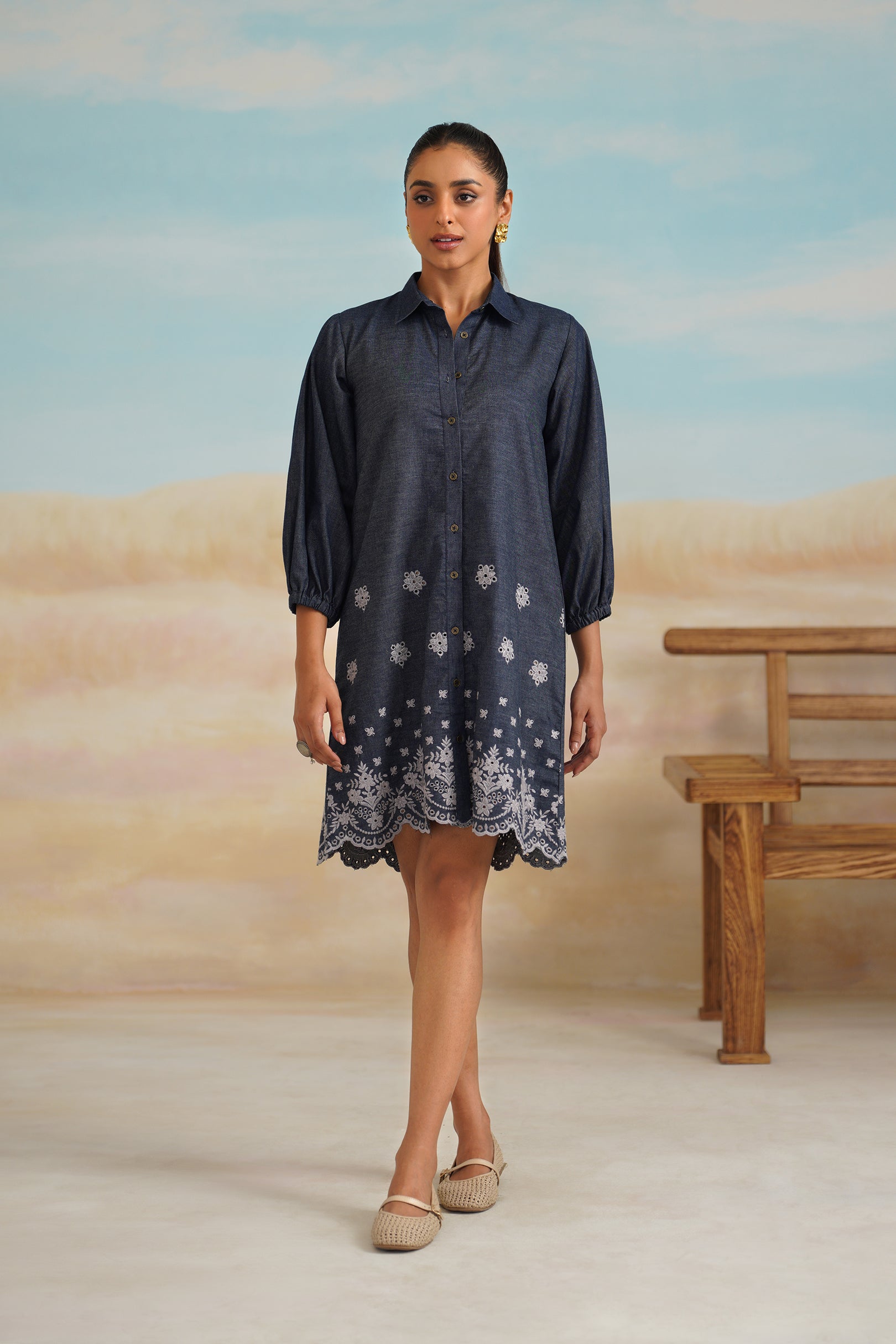 Flora Denim Embroidered Dress